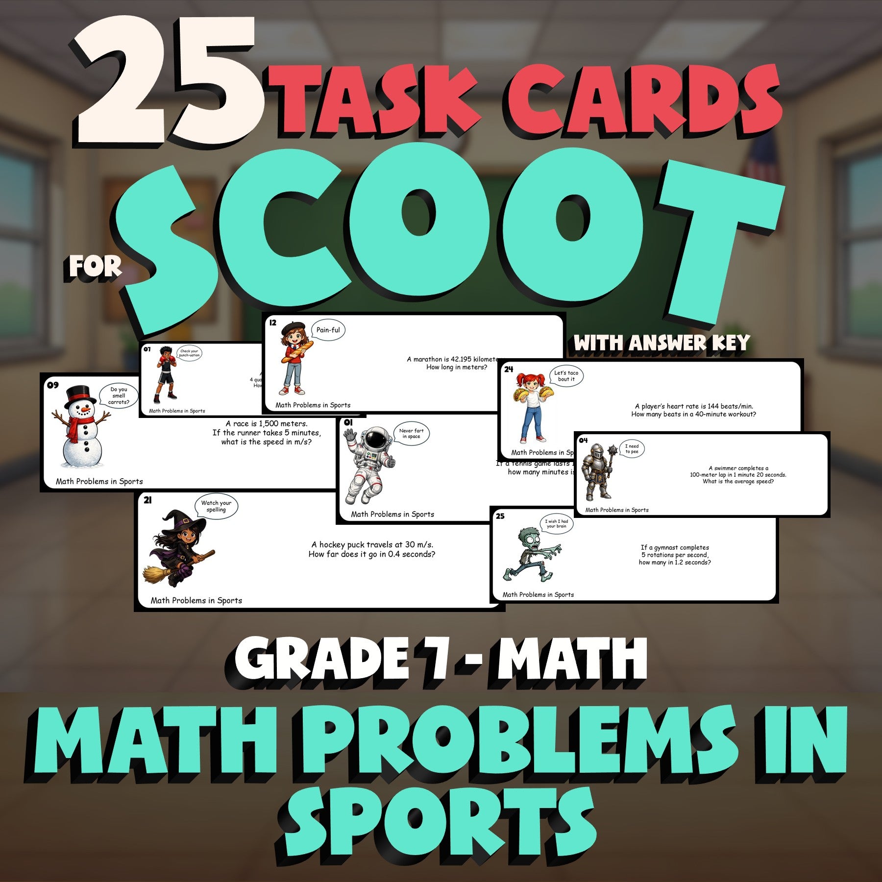 Math Problems in Sports SCOOT TASK CARDS Math Game - No Prep Grade 7 Review