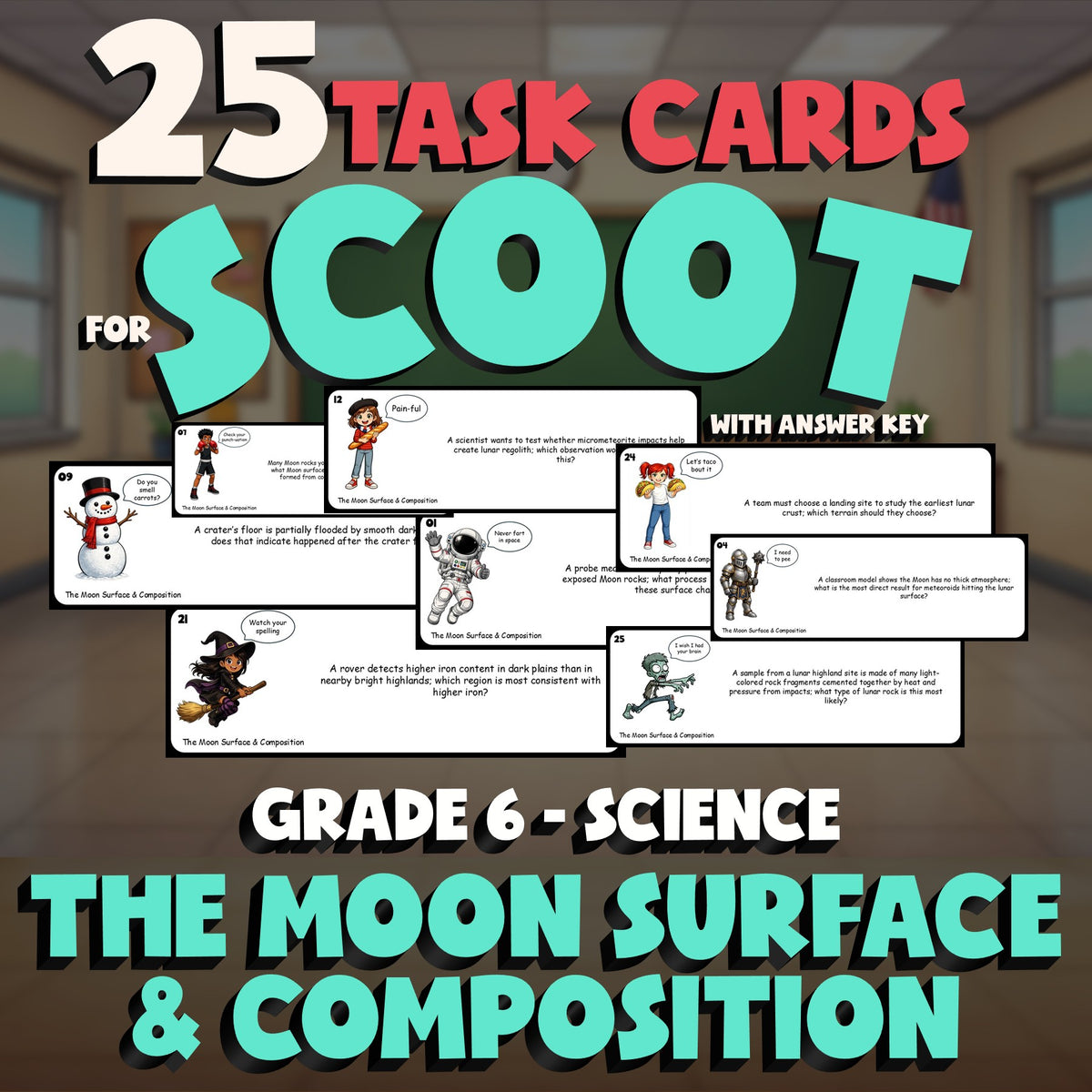 The Moon Surface & Composition SCOOT TASK CARDS Science Game - No Prep Grade 6