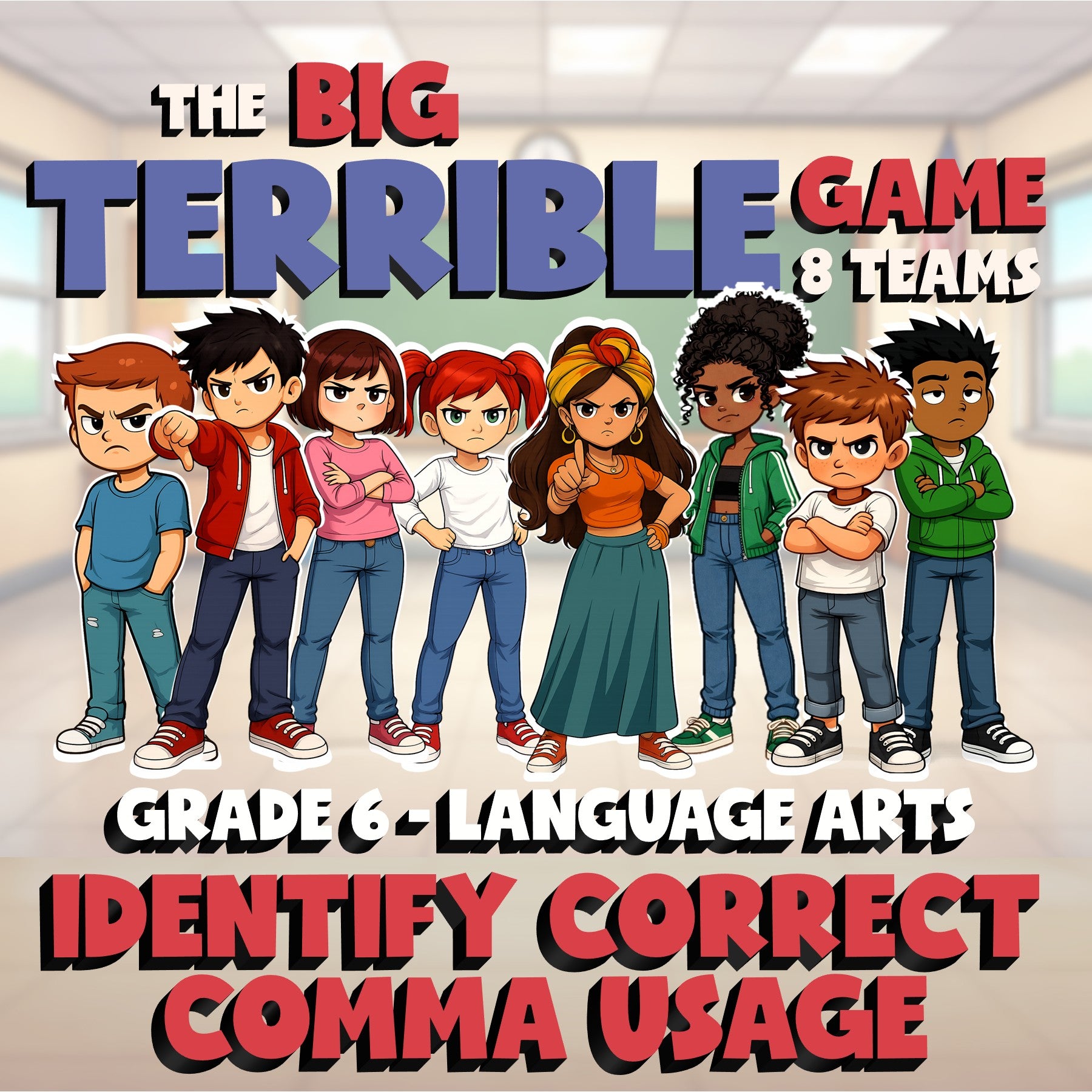 Identify Correct Comma Usage BIG TERRIBLE GAME - No Prep Grade 6 ELA Review