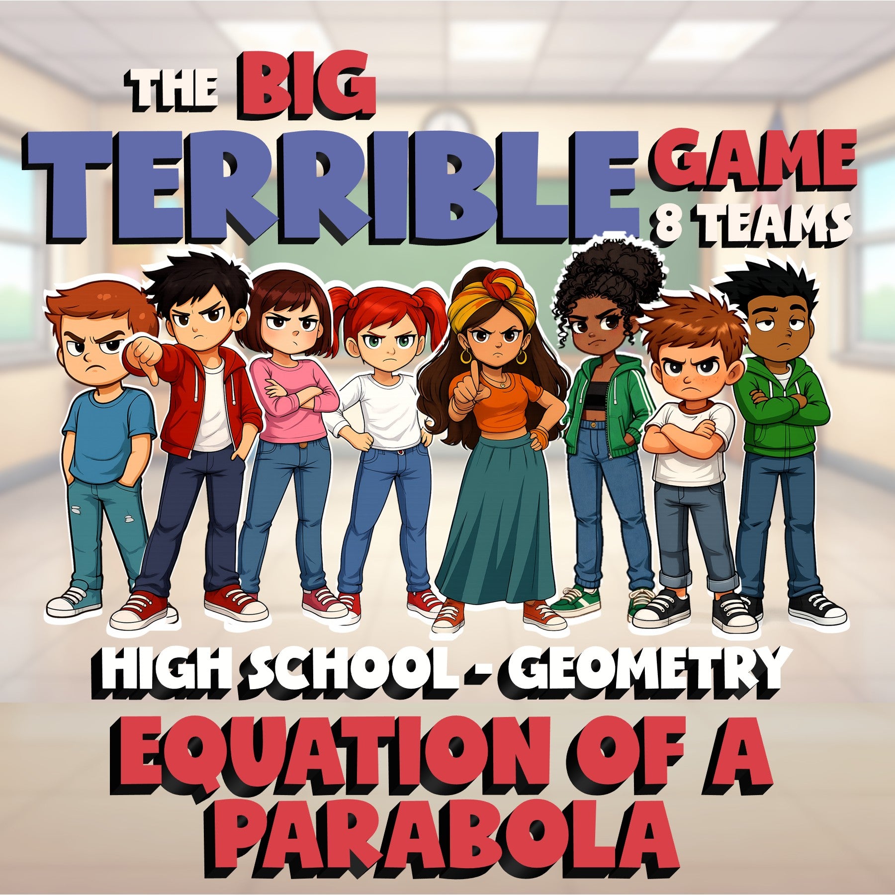 Equation of a Parabola BIG TERRIBLE GAME - No Prep Geometry Math Review Activity