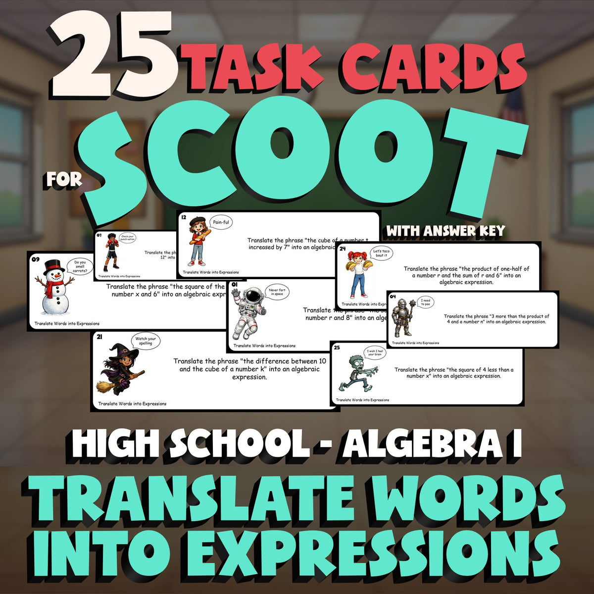 Translate Words into Expressions SCOOT TASK CARDS Math Game - No Prep Algebra 1