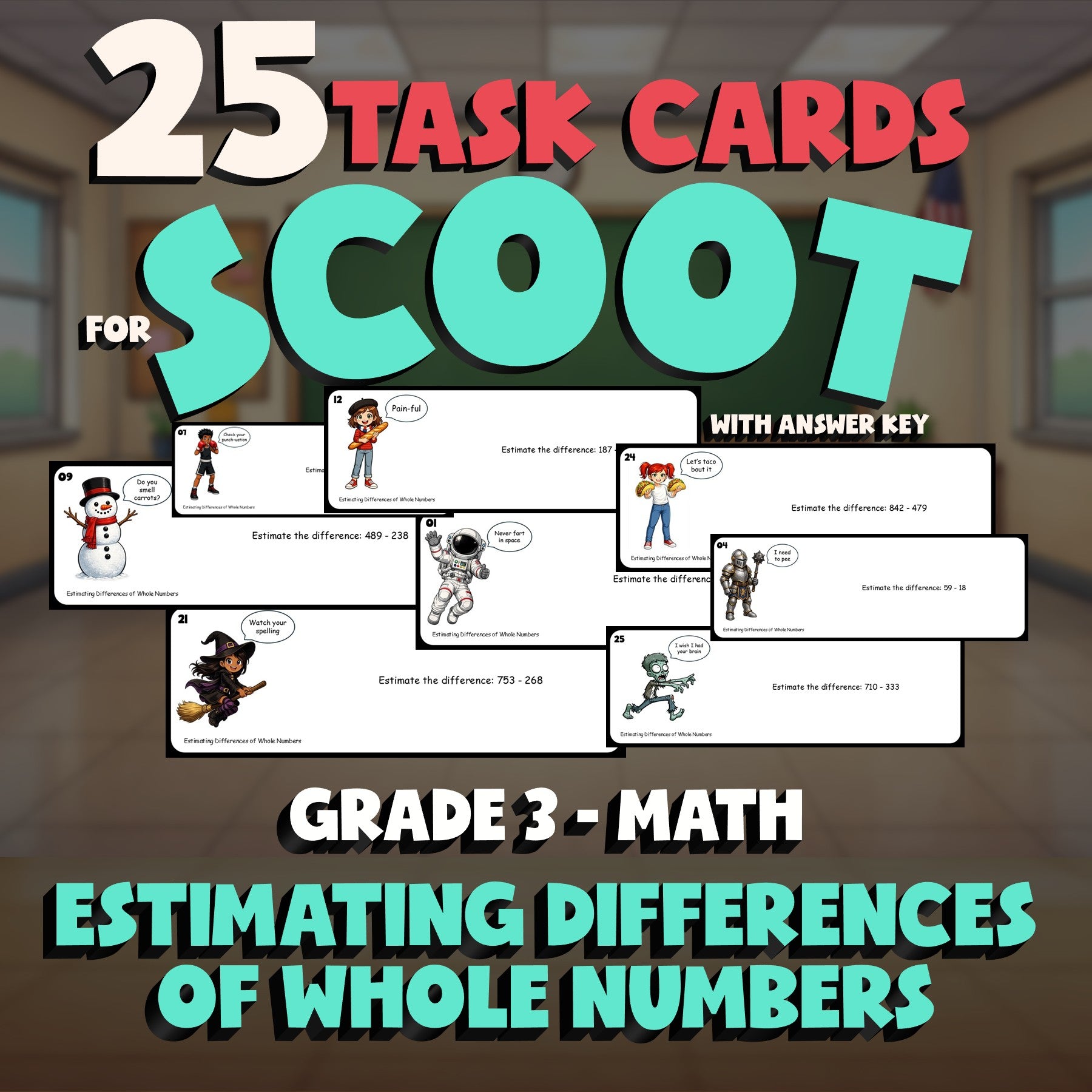 Estimating Differences of Whole Numbers SCOOT TASK CARDS Math Game - Grade 3