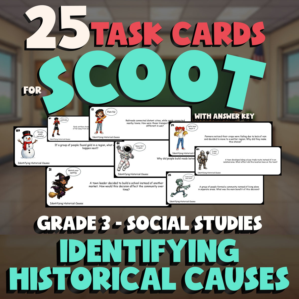 Identifying Historical Causes SCOOT TASK CARDS Socials Game - No Prep Grade 3