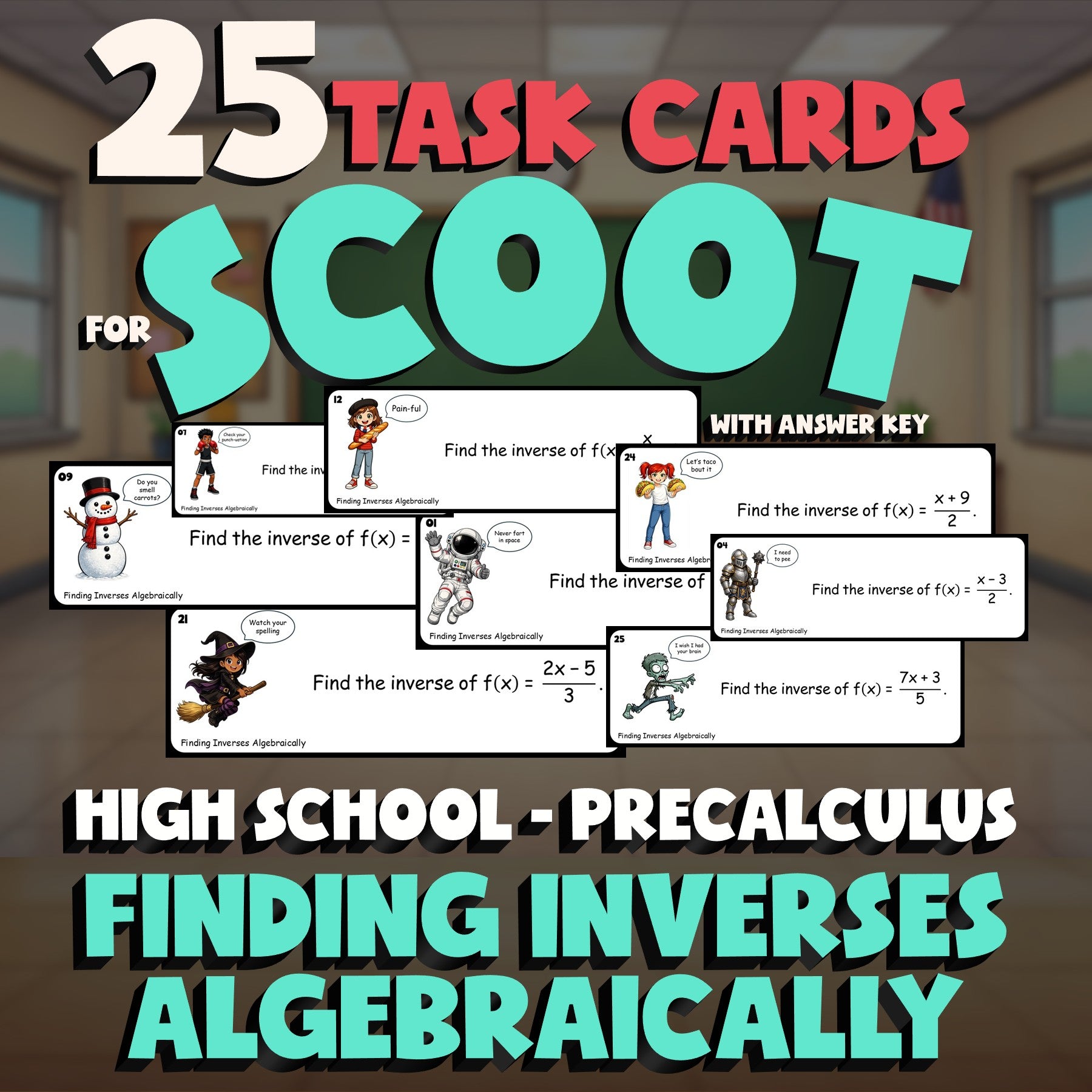 Finding Inverses Algebraically SCOOT TASK CARDS Math Game - No Prep PreCalculus