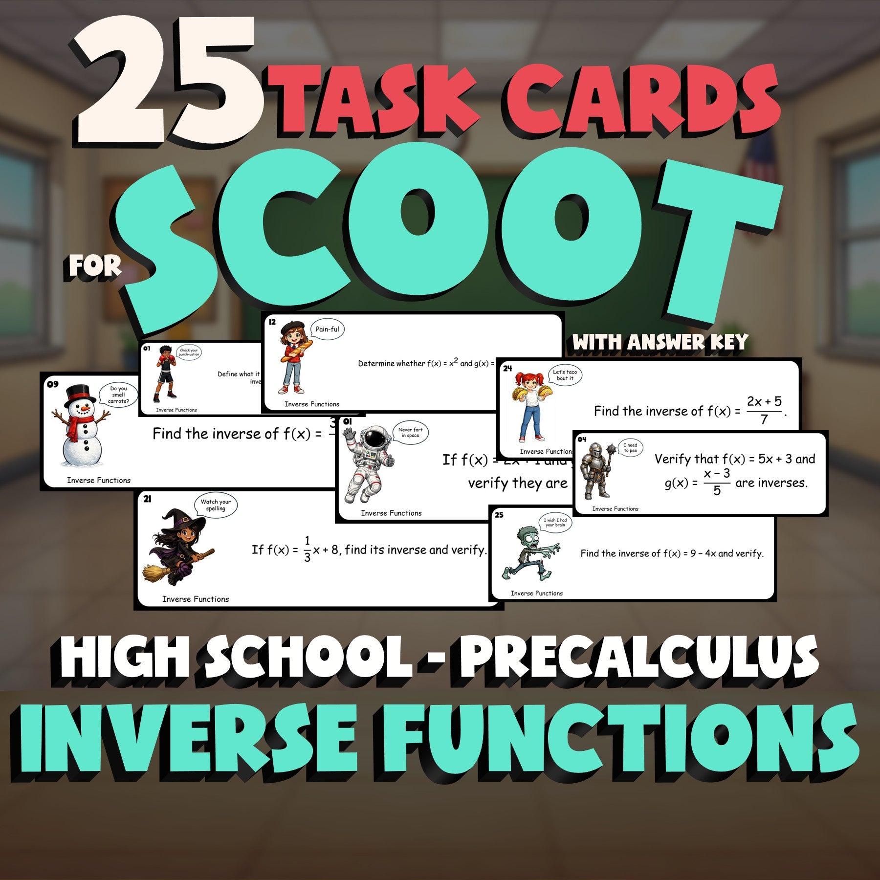 Inverse Functions SCOOT TASK CARDS Math Game - No Prep PreCalculus Review