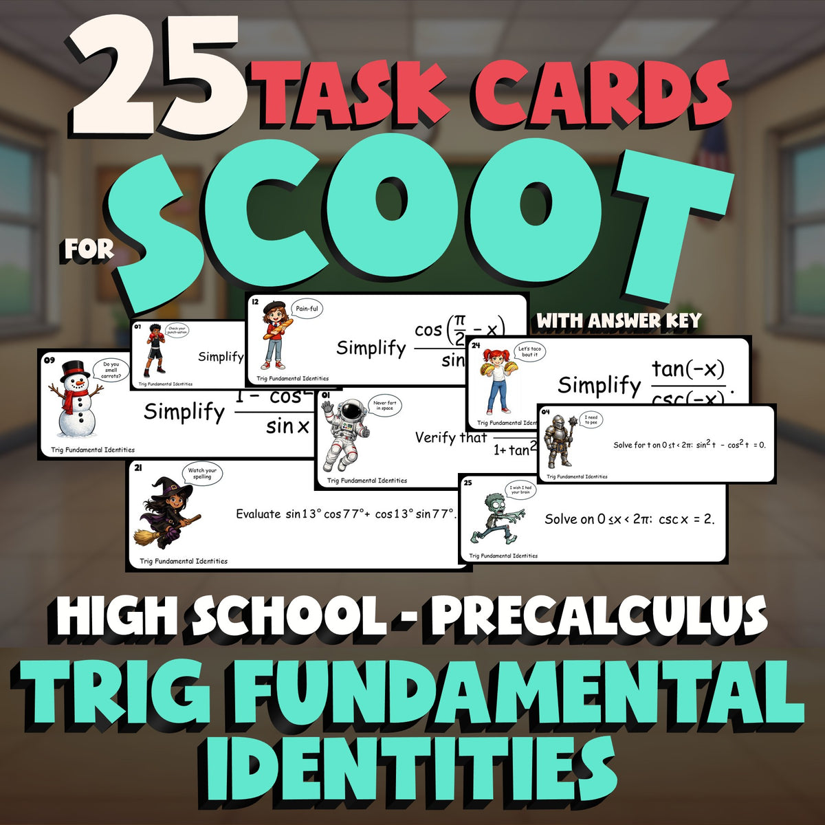 Trig Fundamental Identities SCOOT TASK CARDS Math Game - No Prep PreCalculus