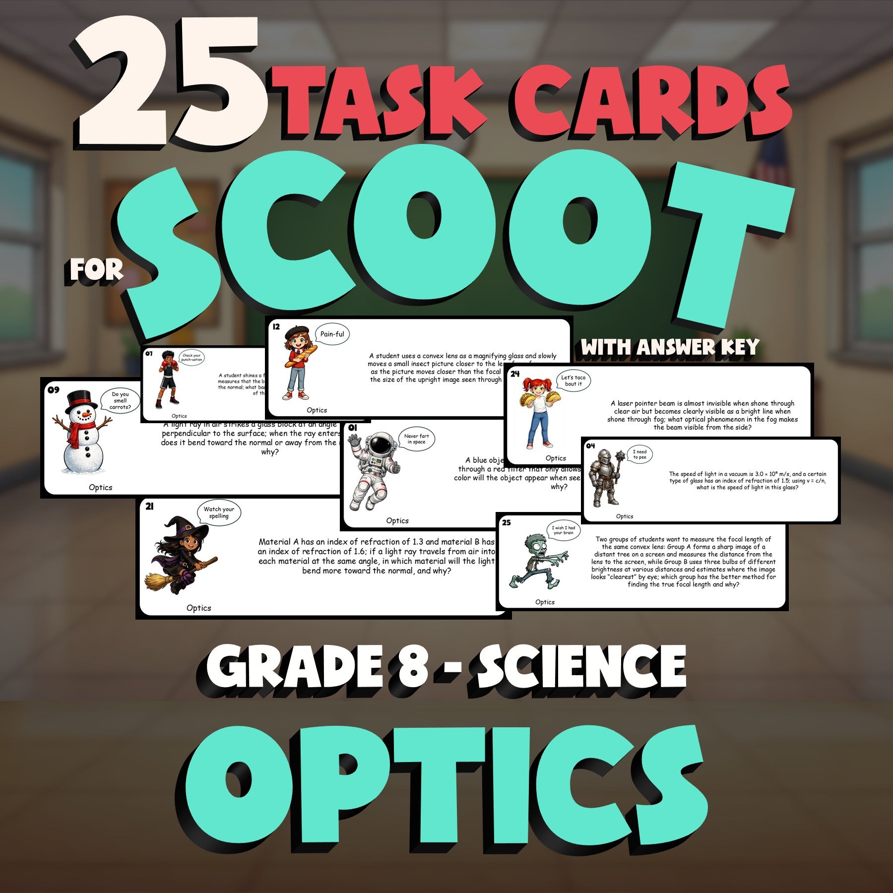 Optics SCOOT TASK CARDS Science Game - No Prep Grade 8 Review Activity