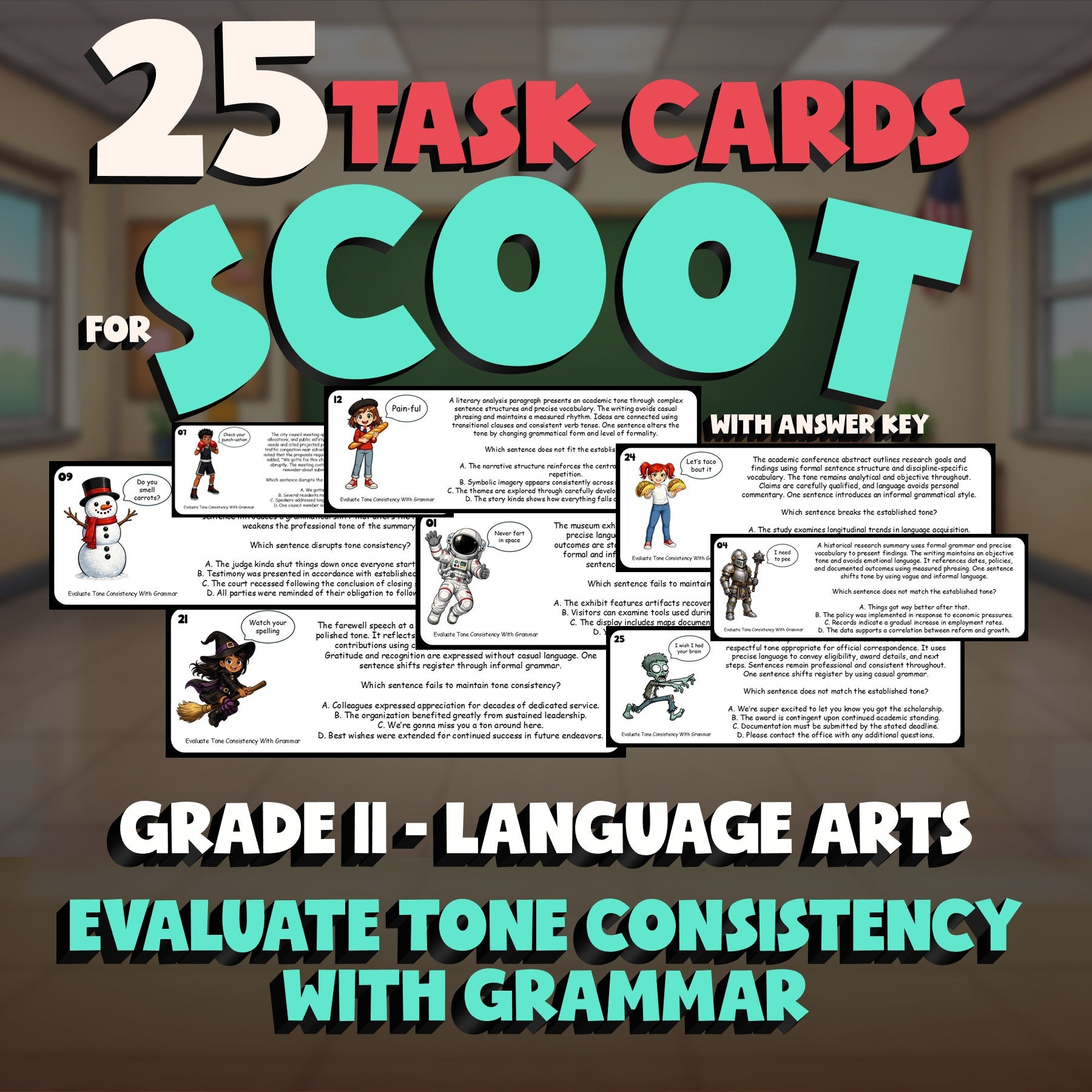 Evaluate Tone Consistency With Grammar SCOOT TASK CARDS ELA Game - Grade 11