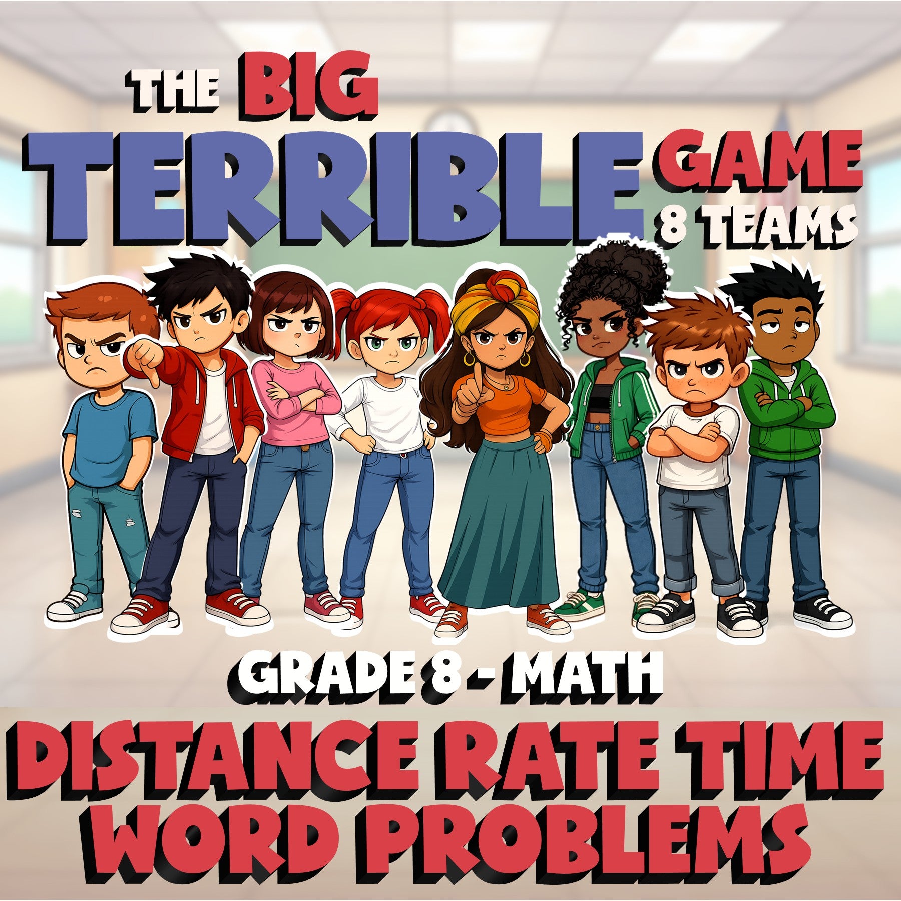 Distance Rate Time Word Problems BIG TERRIBLE GAME - No Prep Grade 8 Math Review