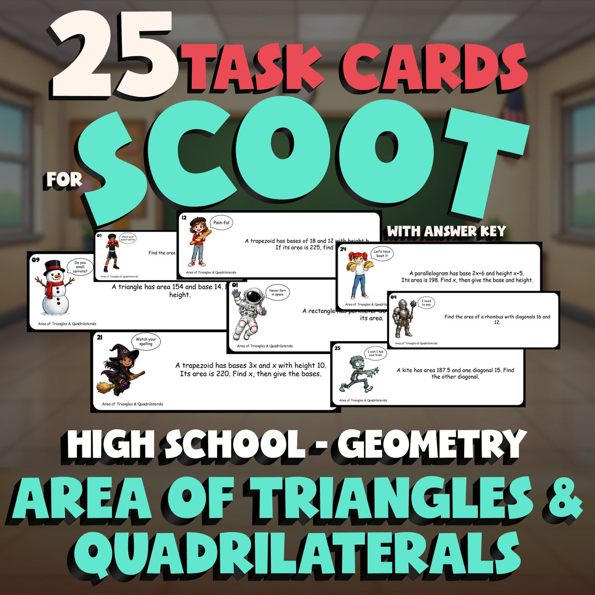 Area of Triangles & Quadrilaterals SCOOT TASK CARDS Math Game - No Prep Geometry