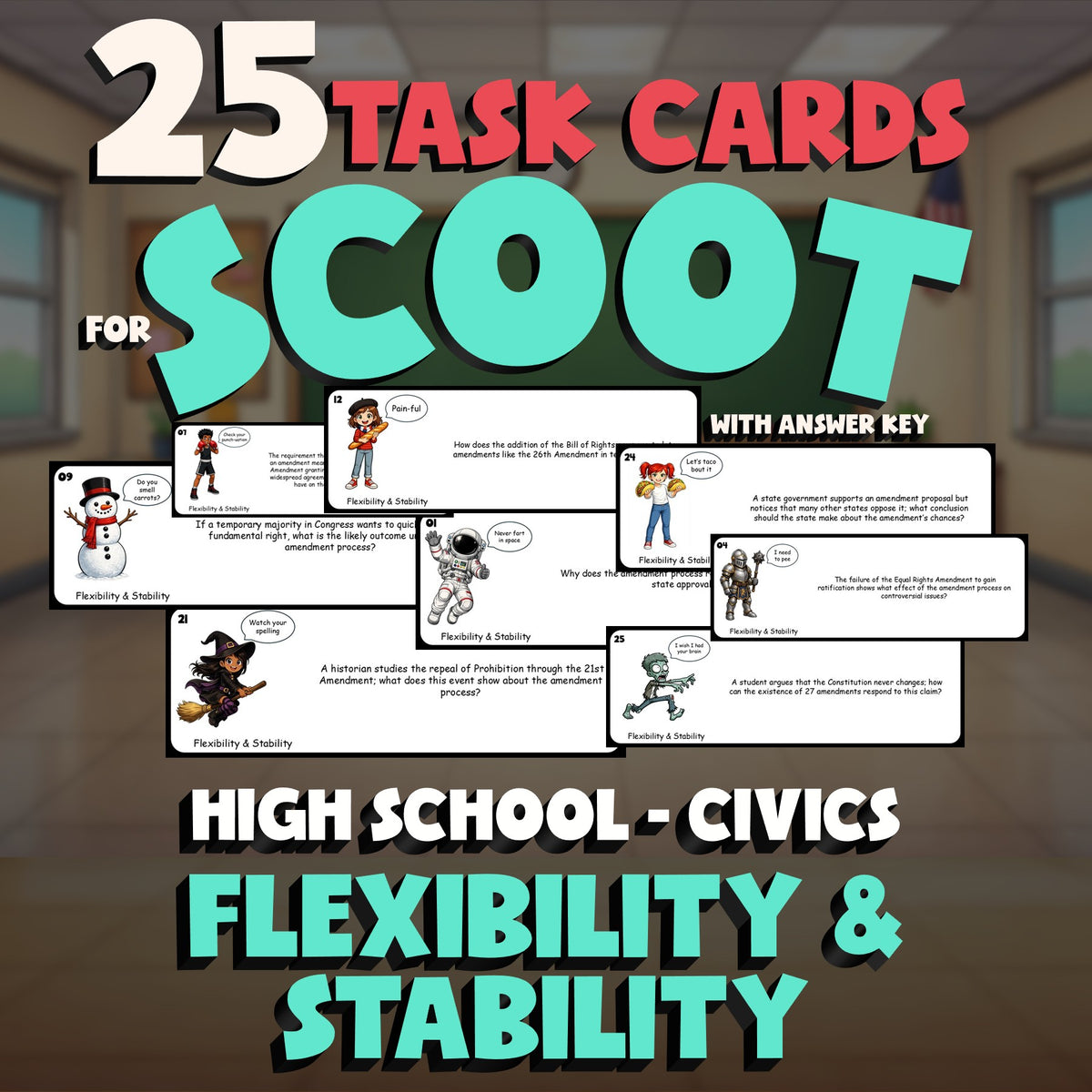 Flexibility & Stability SCOOT TASK CARDS Civics Game - No Prep Review Activity