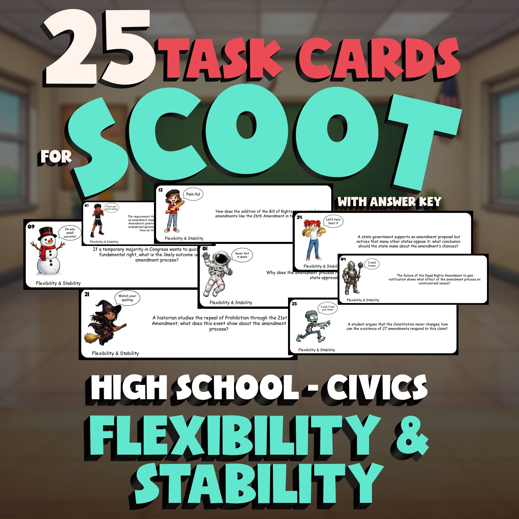 Flexibility & Stability SCOOT TASK CARDS Civics Game - No Prep Review Activity