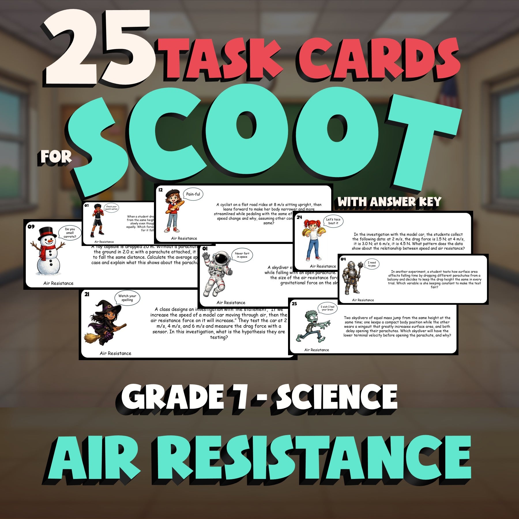 Air Resistance SCOOT TASK CARDS Science Game - No Prep Grade 7 Review Activity