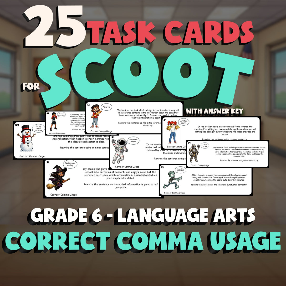 Correct Comma Usage SCOOT TASK CARDS ELA Game - No Prep Grade 6 Review Activity
