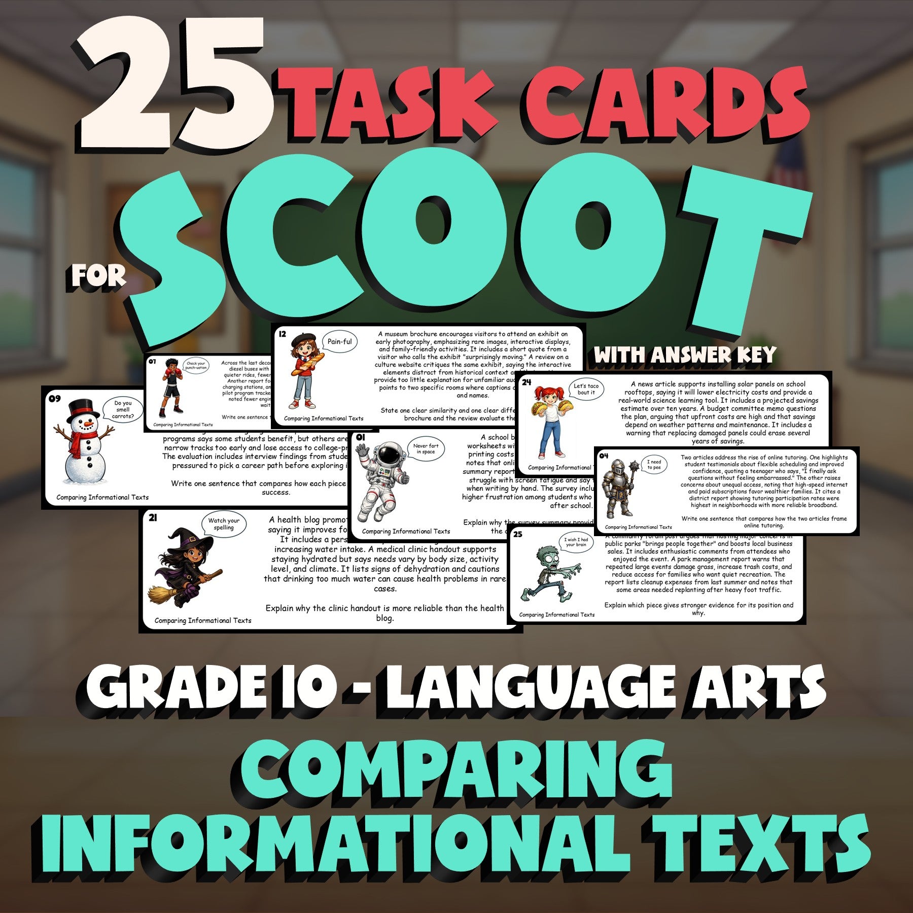 Comparing Informational Texts SCOOT TASK CARDS ELA Game - No Prep Grade 10