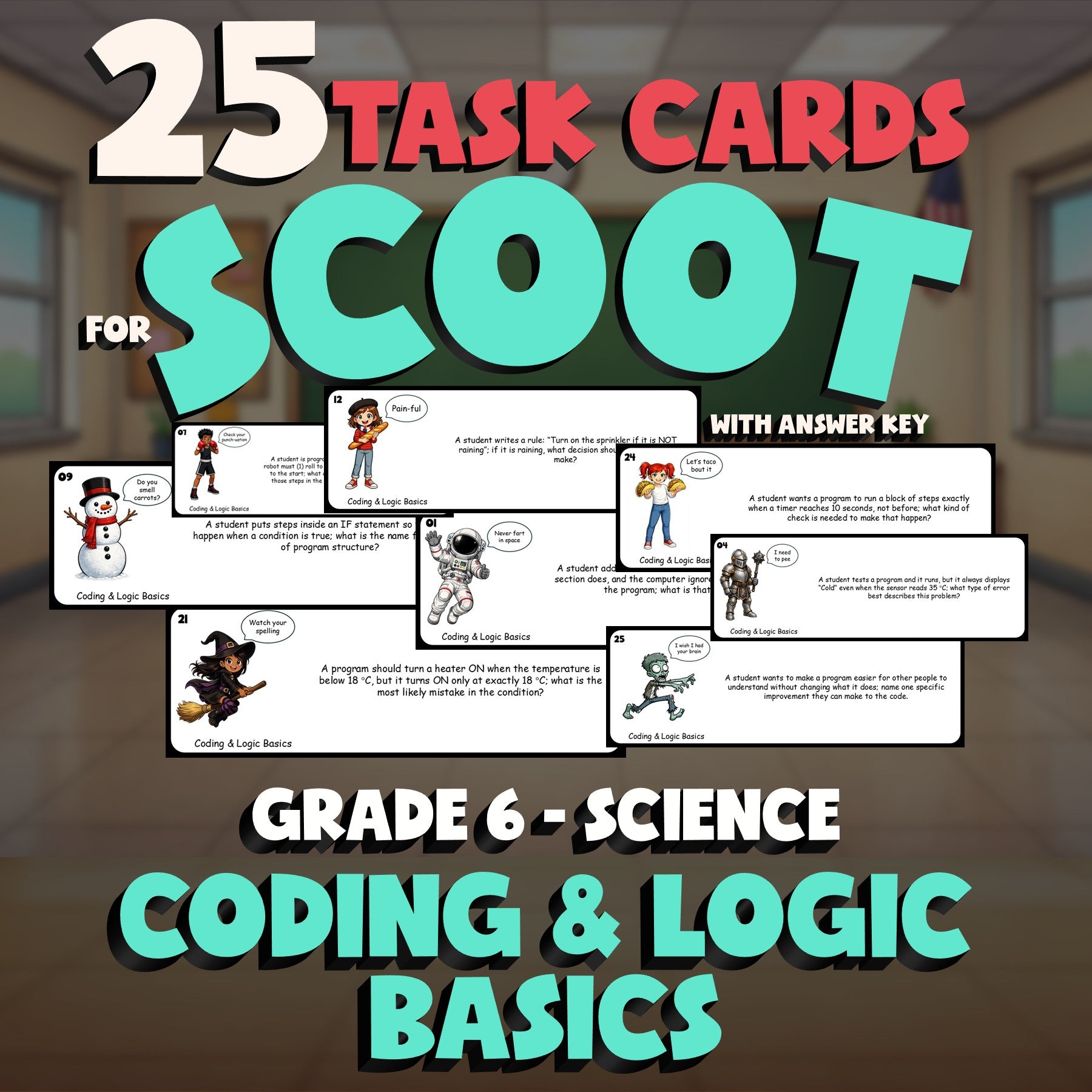 Coding & Logic Basics SCOOT TASK CARDS Science Game - No Prep Grade 6 Review