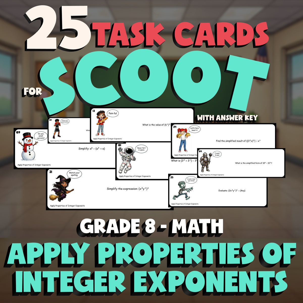 Apply Properties of Integer Exponents SCOOT TASK CARDS Math Game - Grade 8