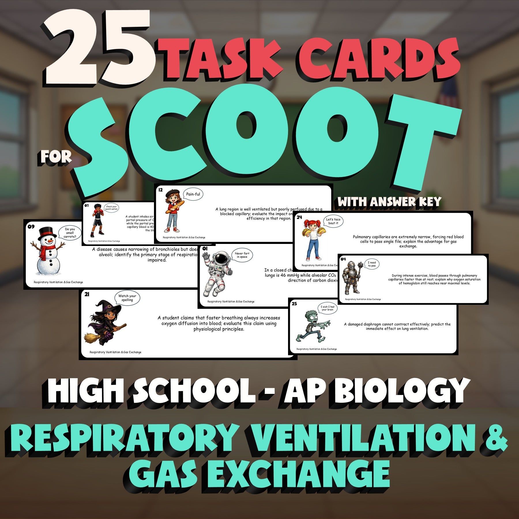Respiratory Ventilation & Gas Exchange SCOOT TASK CARDS Science Game AP Biology