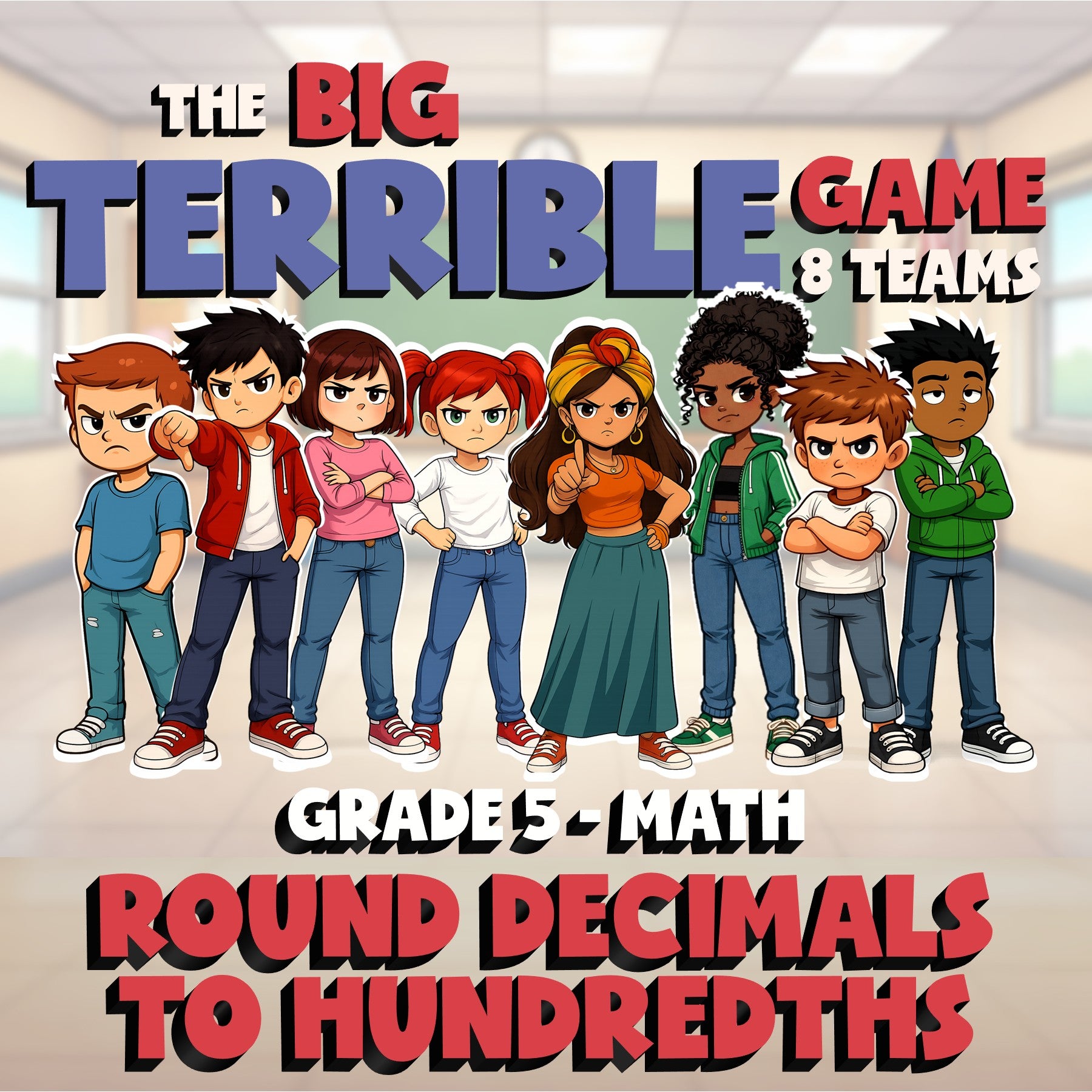 Round Decimals to Hundredths BIG TERRIBLE GAME - No Prep Grade 5 Math Review
