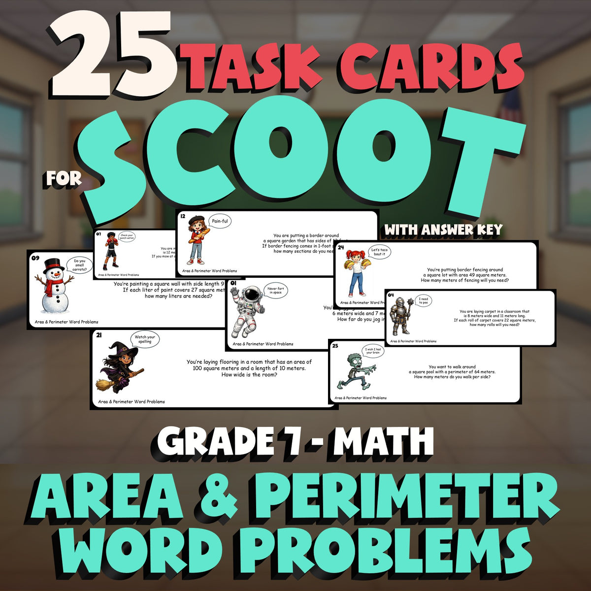 Area & Perimeter Word Problems SCOOT TASK CARDS Math Game - No Prep Grade 7