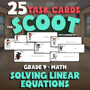 Solving Linear Equations SCOOT TASK CARDS Math Game - No Prep Grade 9 Review