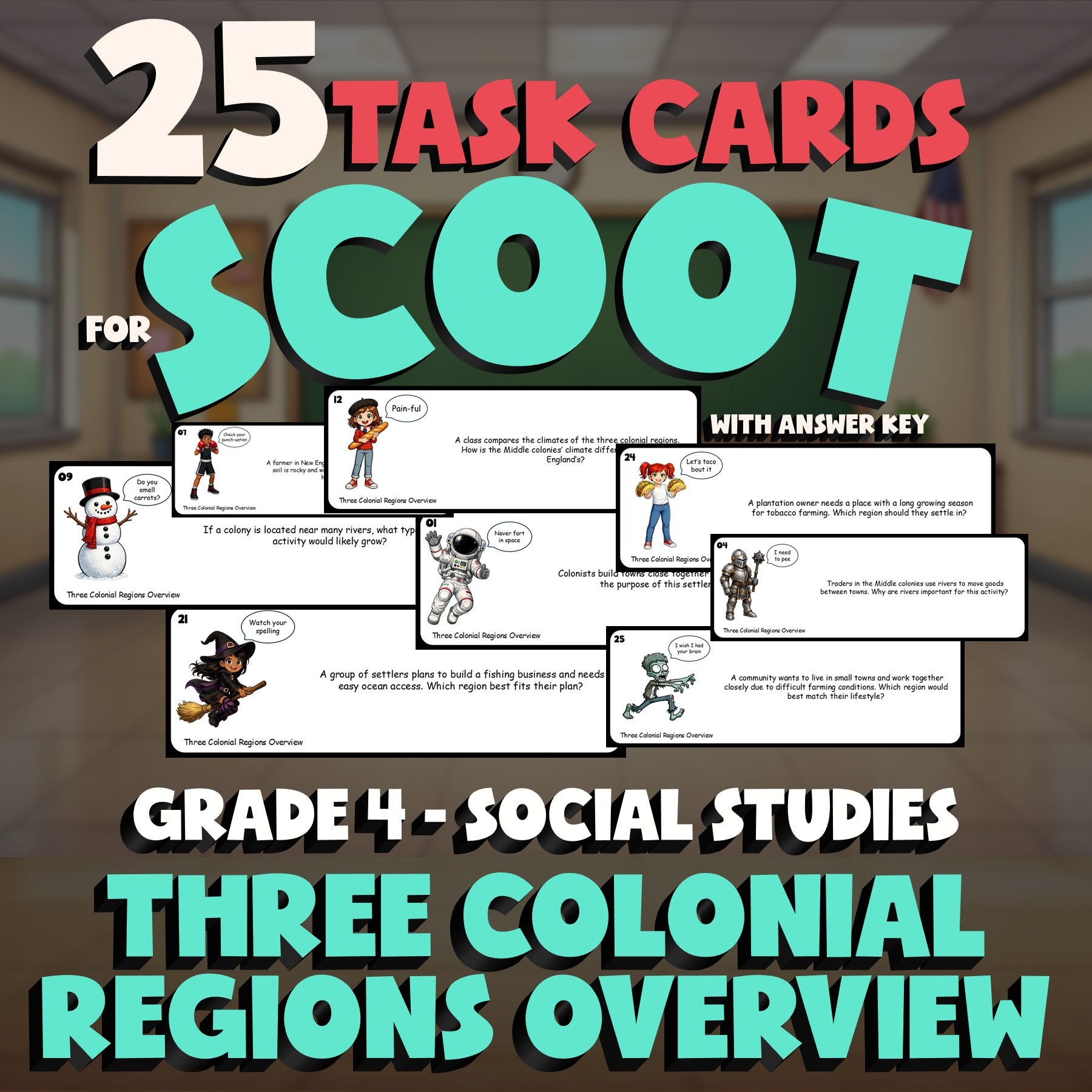 Three Colonial Regions Overview SCOOT TASK CARDS Socials Game - No Prep Grade 4