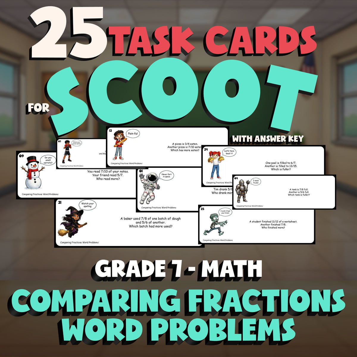 Comparing Fractions Word Problems SCOOT TASK CARDS Math Game - No Prep Grade 7