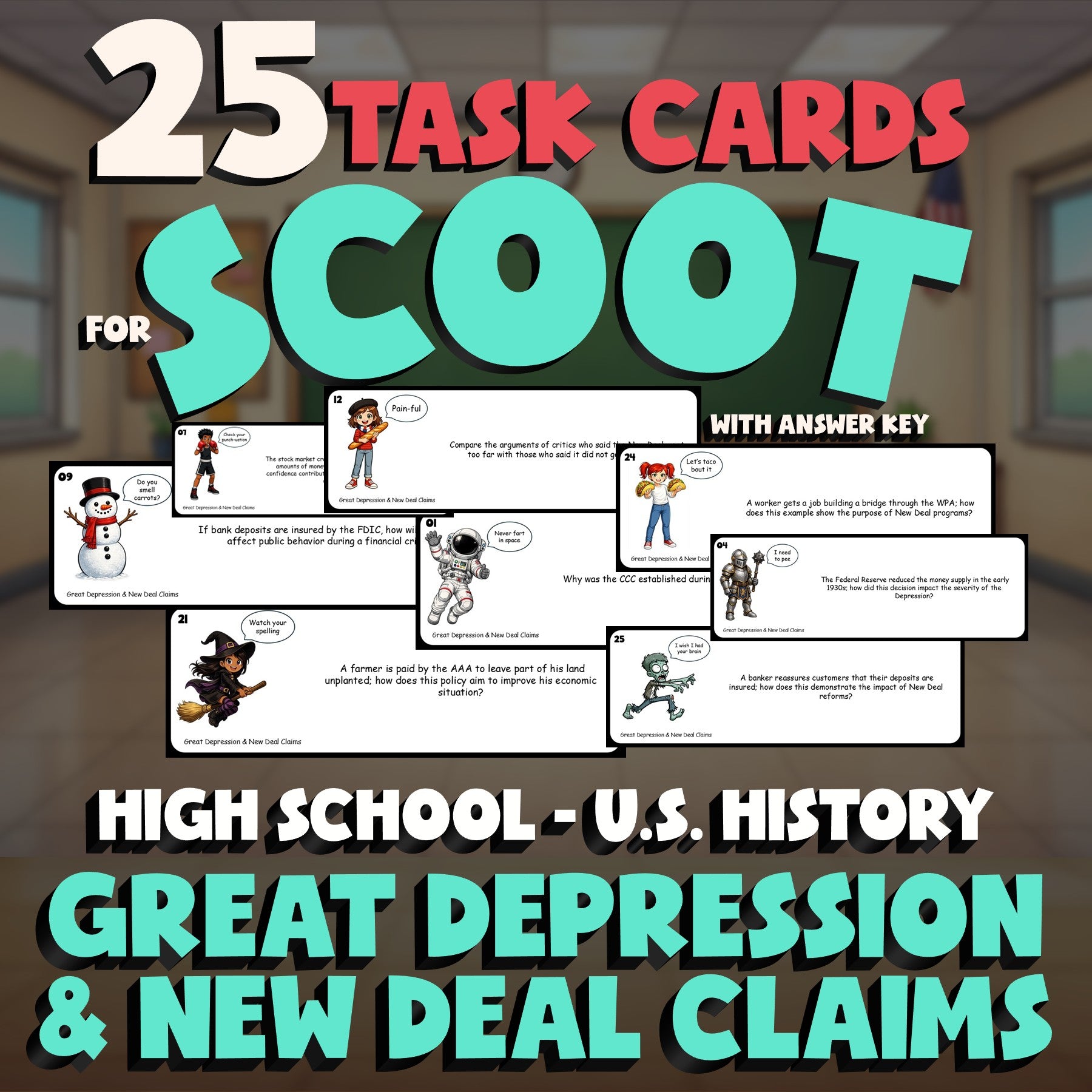 Great Depression & New Deal Claims SCOOT TASK CARDS U.S. History Game - No Prep