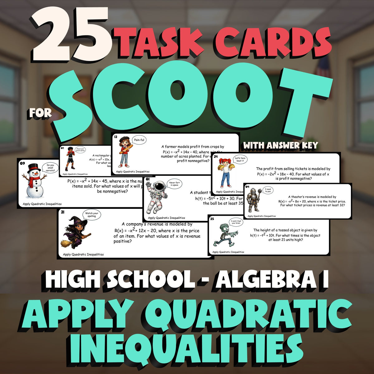 Apply Quadratic Inequalities SCOOT TASK CARDS Math Game - No Prep Algebra 1