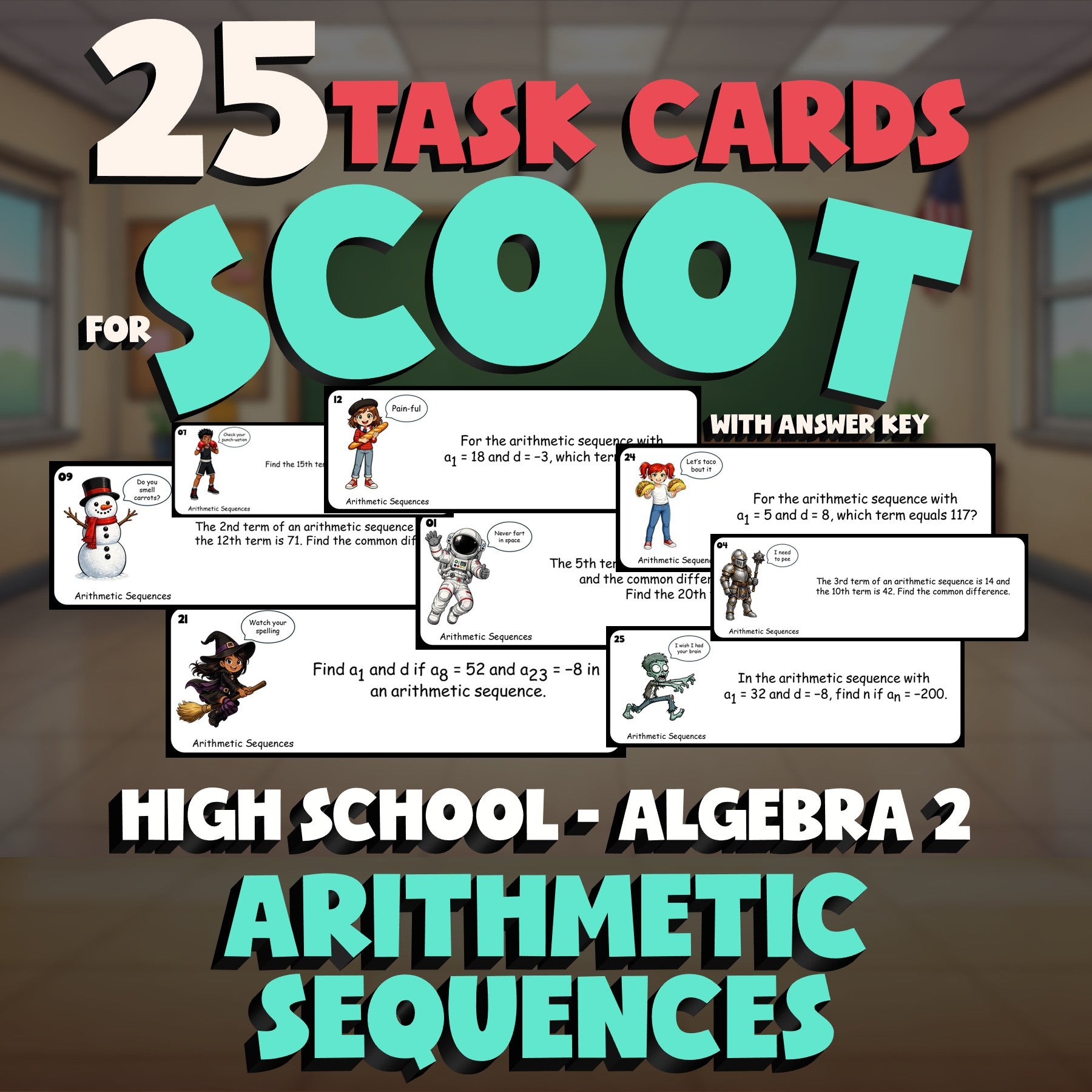 Arithmetic Sequences SCOOT TASK CARDS Math Game - No Prep Algebra 2 Review