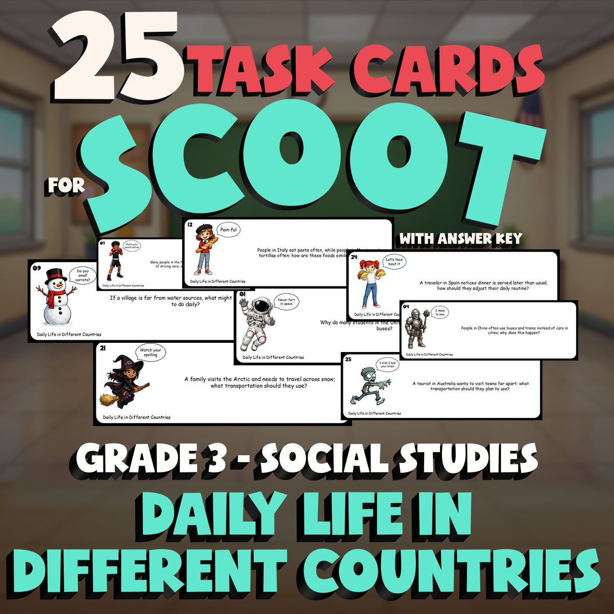 Daily Life in Different Countries SCOOT TASK CARDS Socials Game - Grade 3