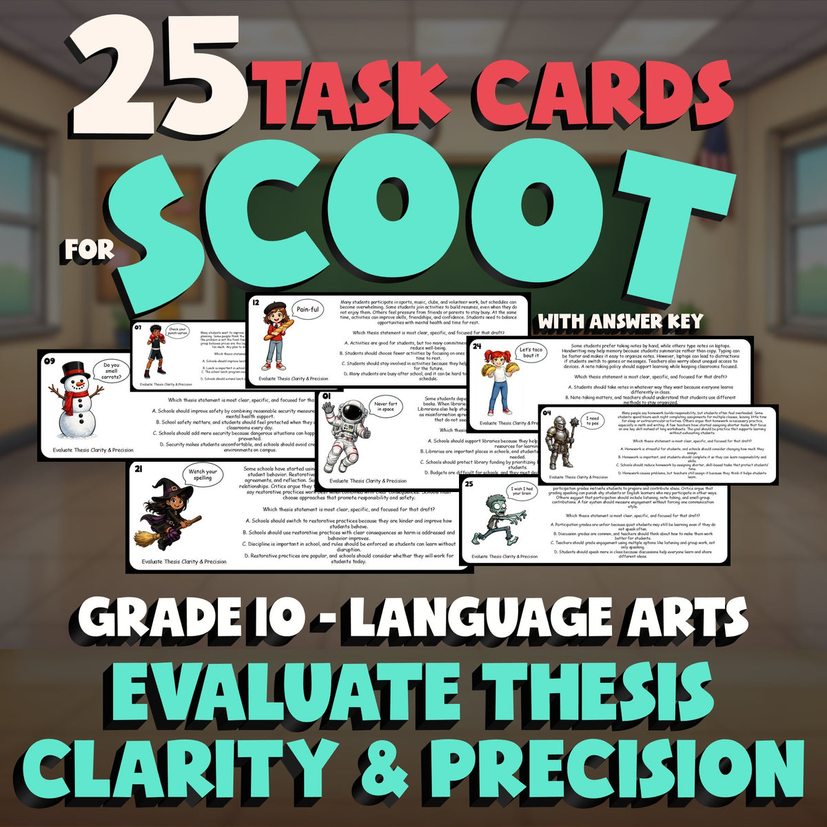 Evaluate Thesis Clarity & Precision SCOOT TASK CARDS ELA Game - No Prep Grade 10