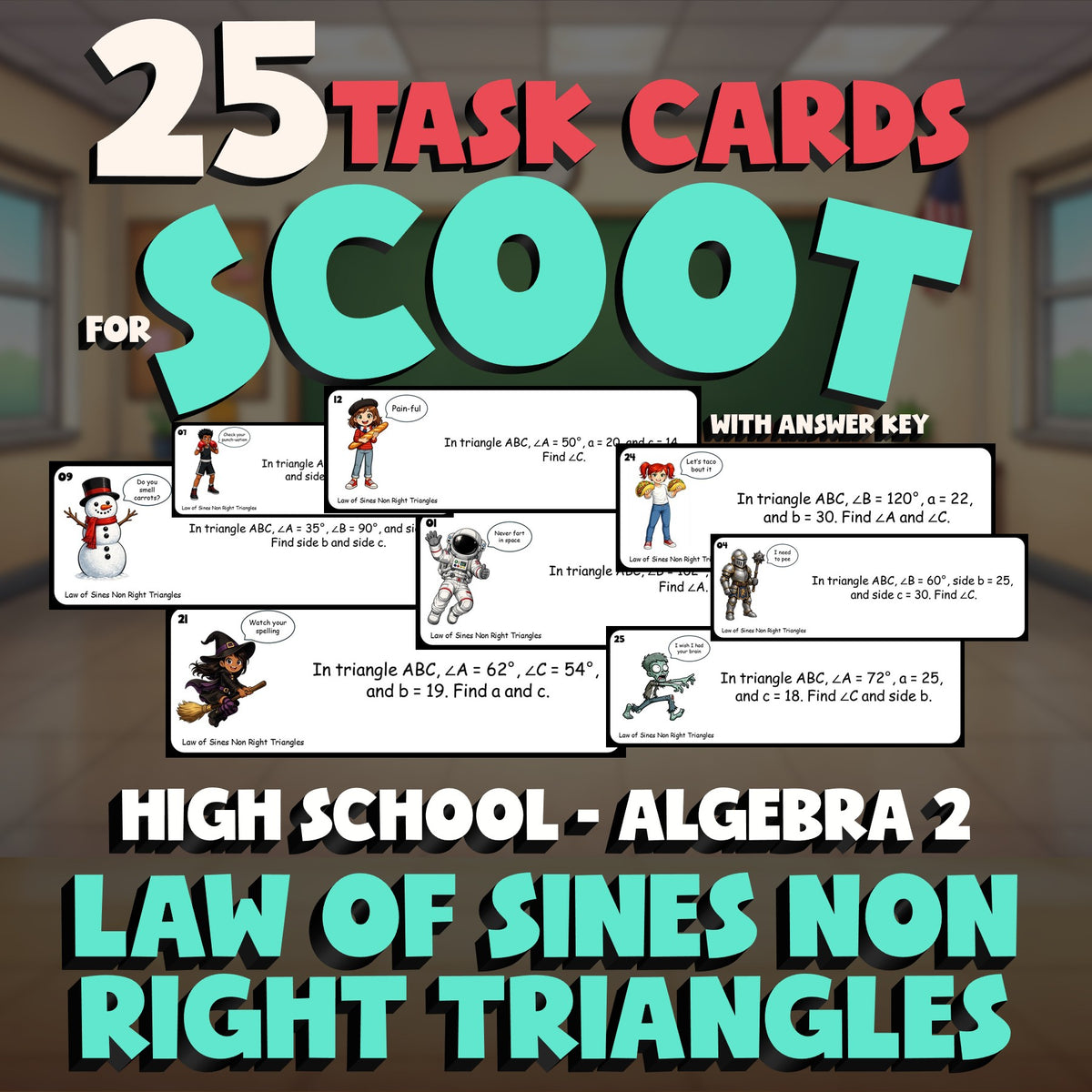 Law of Sines Non Right Triangles SCOOT TASK CARDS Math Game - No Prep Algebra 2