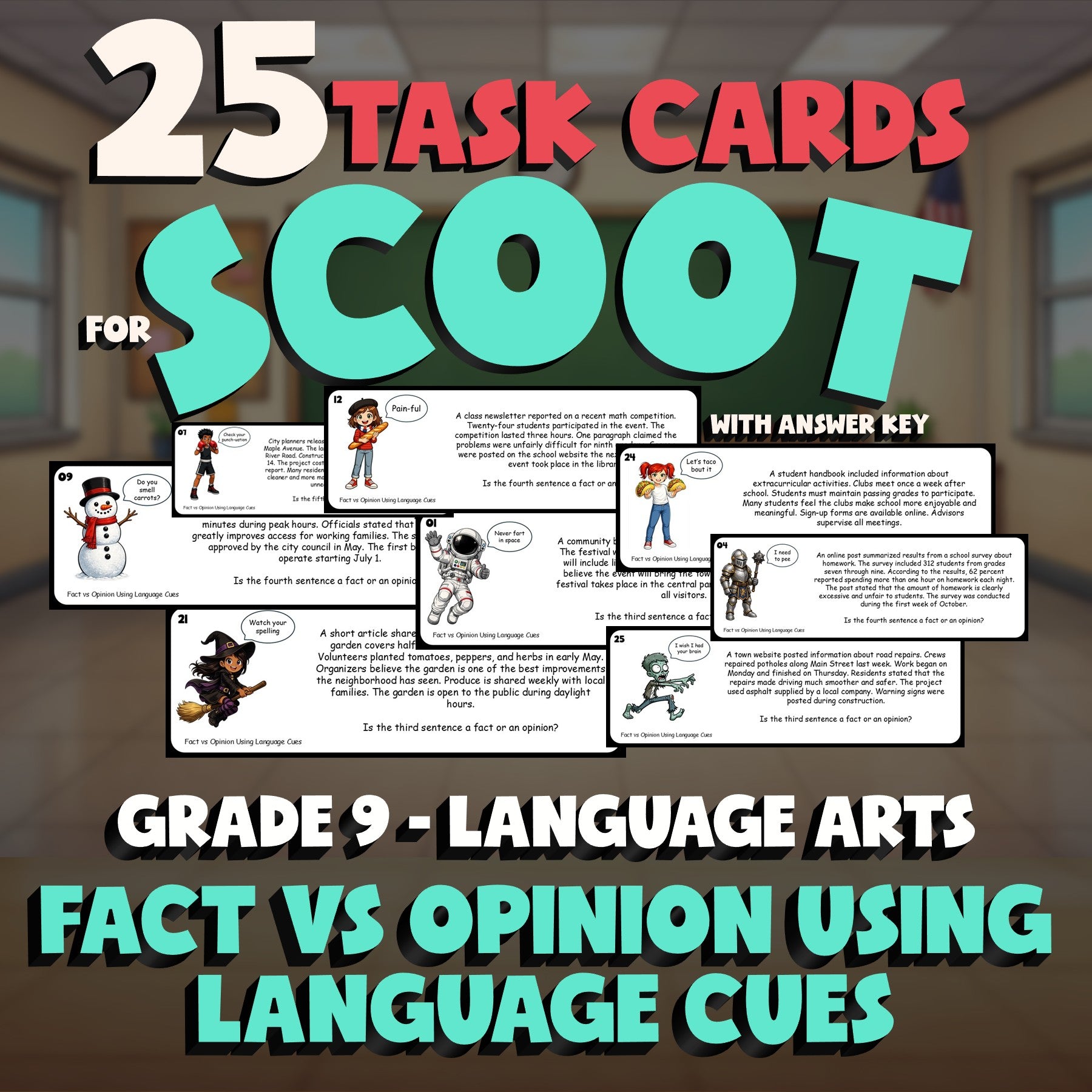 Fact vs Opinion Using Language Cues SCOOT TASK CARDS ELA Game - No Prep Grade 9