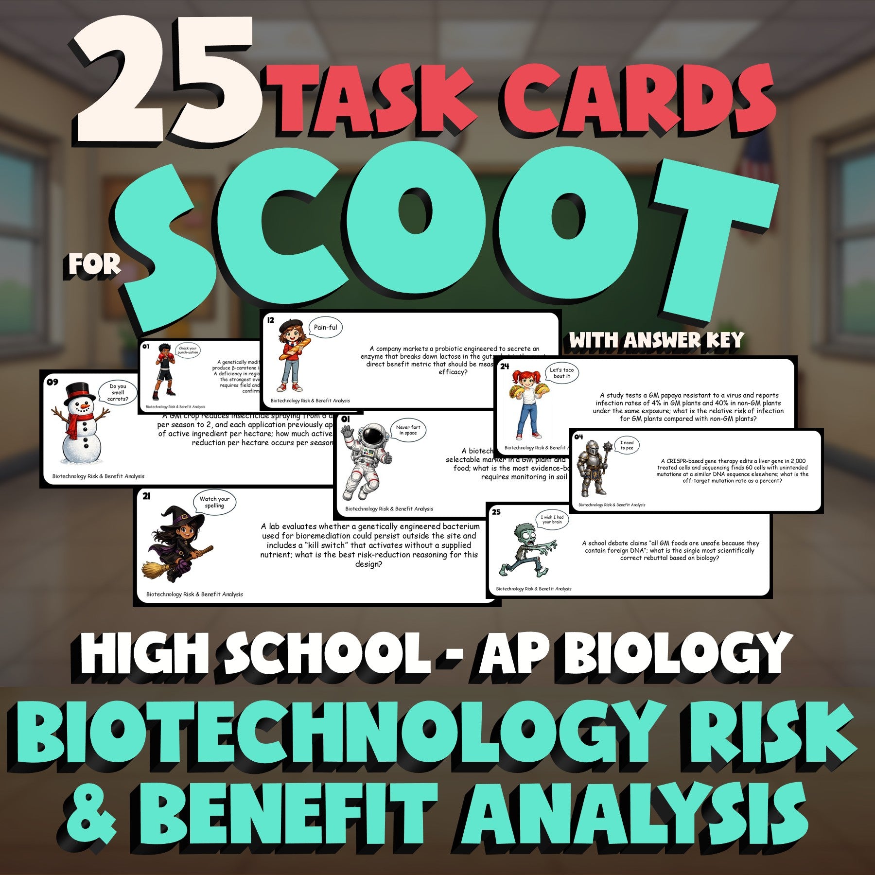 Biotechnology Risk & Benefit Analysis SCOOT TASK CARDS Science Game - AP Biology