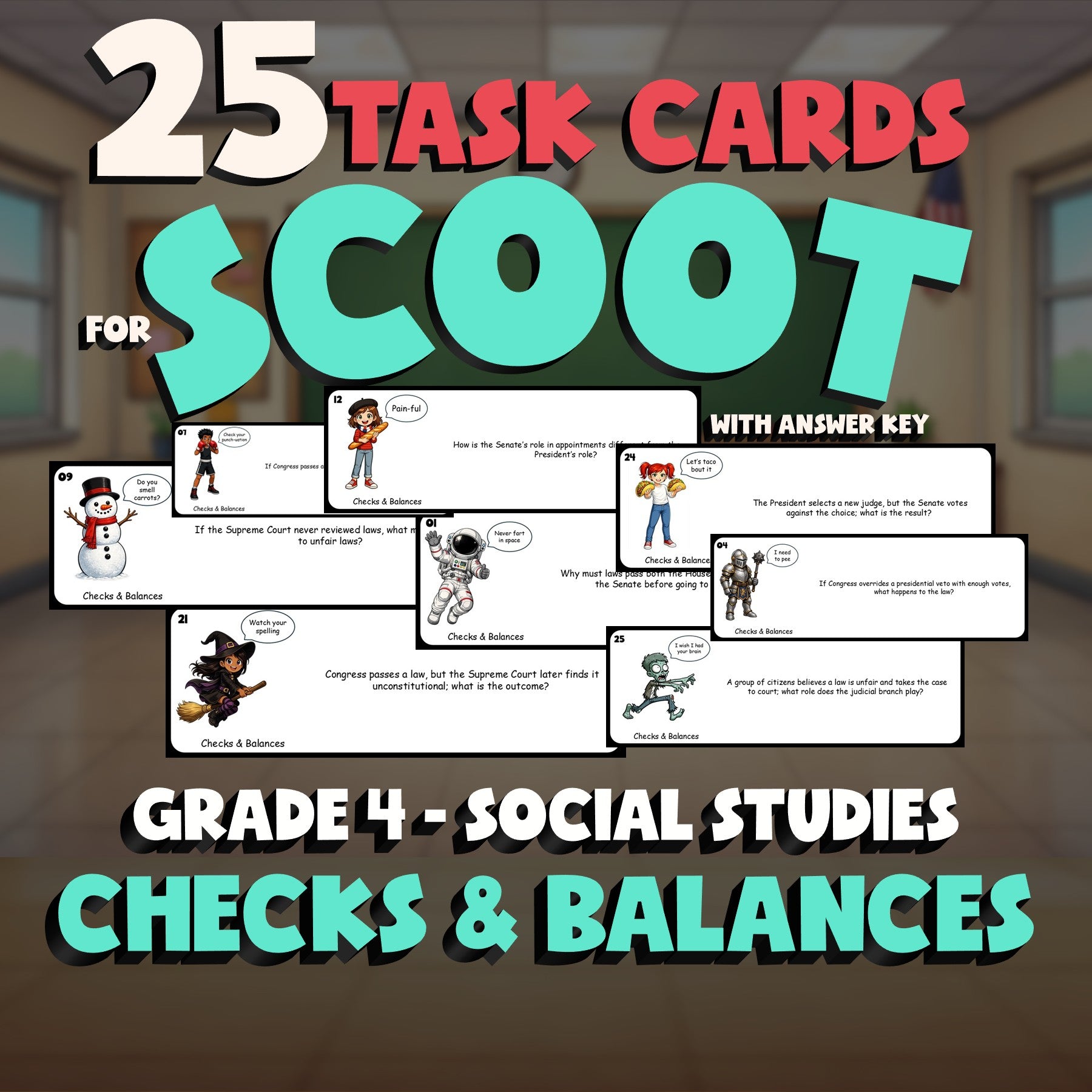 Checks & Balances SCOOT TASK CARDS Socials Game - No Prep Grade 4 Review