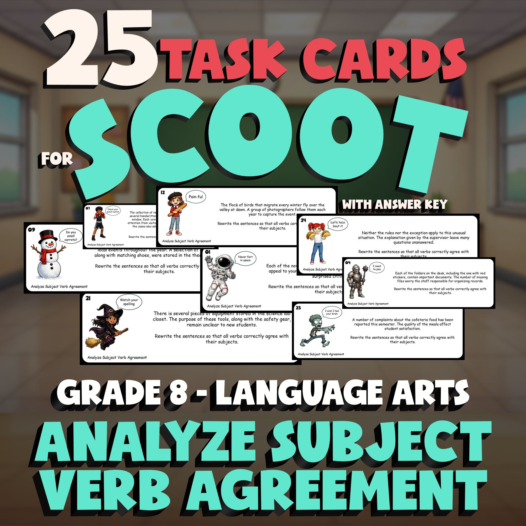 Analyze Subject Verb Agreement SCOOT TASK CARDS ELA Game - No Prep Grade 8