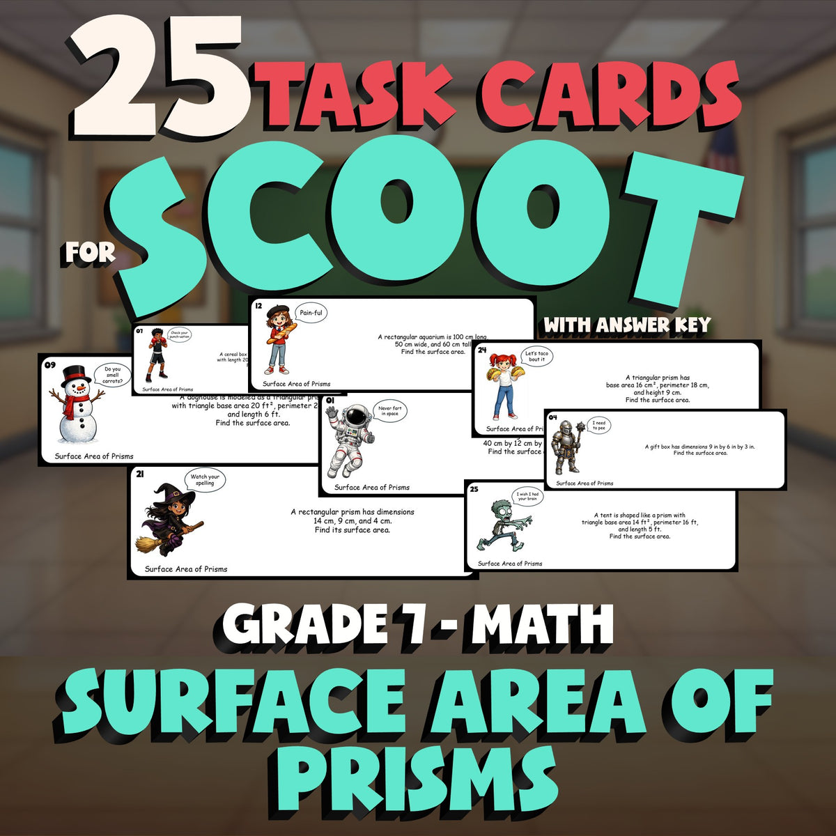 Surface Area of Prisms SCOOT TASK CARDS Math Game - No Prep Grade 7 Review