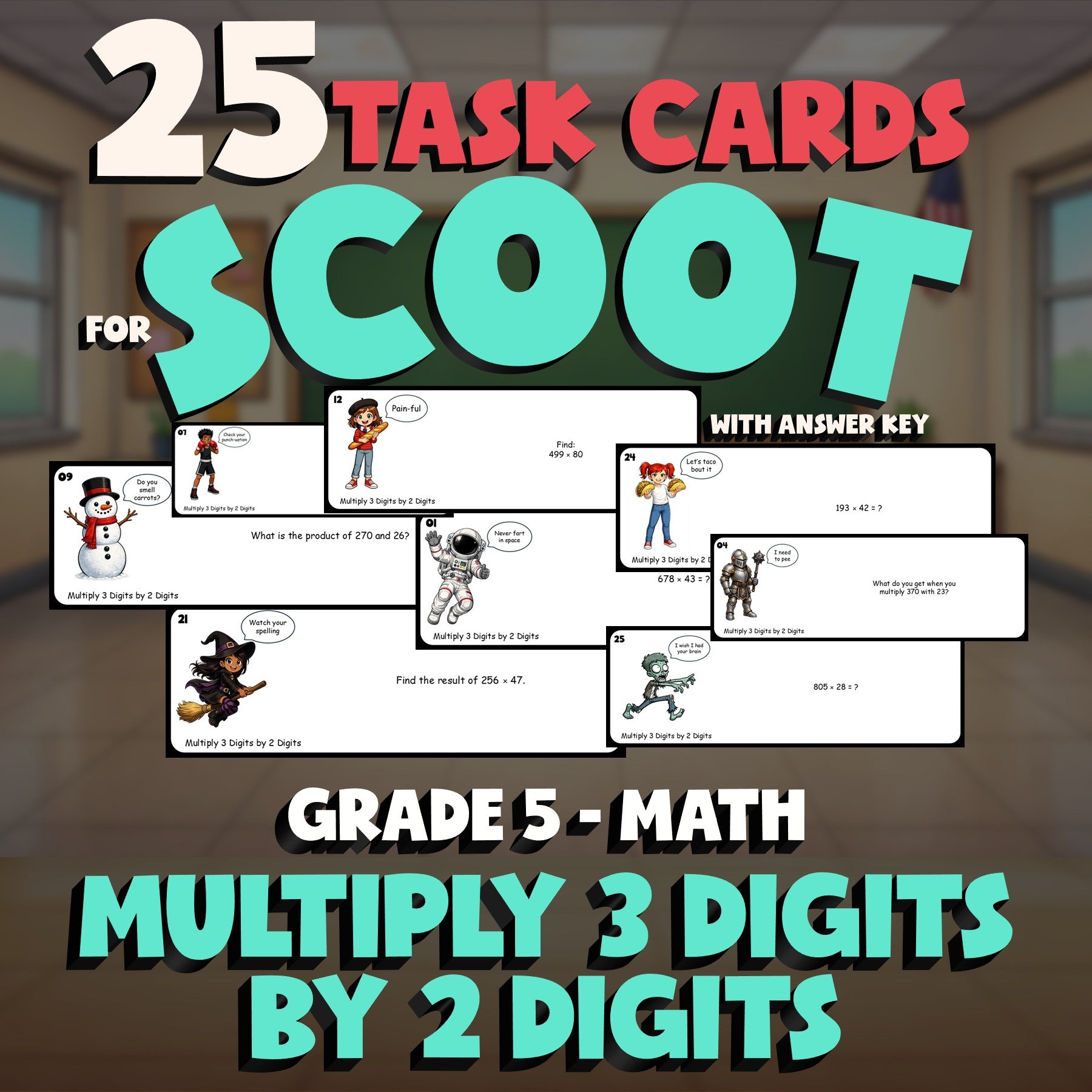 Multiply 3 Digits by 2 Digits SCOOT TASK CARDS Math Game - No Prep Grade 5