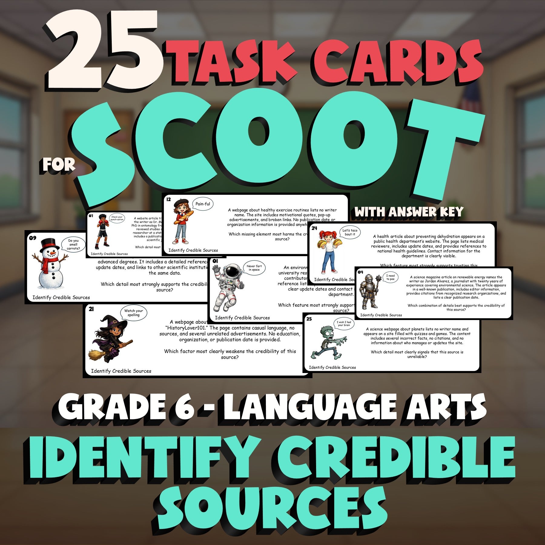 Identify Credible Sources SCOOT TASK CARDS ELA Game - No Prep Grade 6 Review