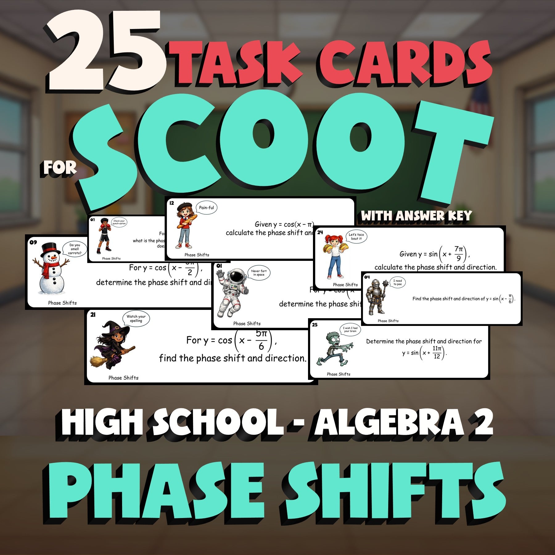 Phase Shifts SCOOT TASK CARDS Math Game - No Prep Algebra 2 Review Activity