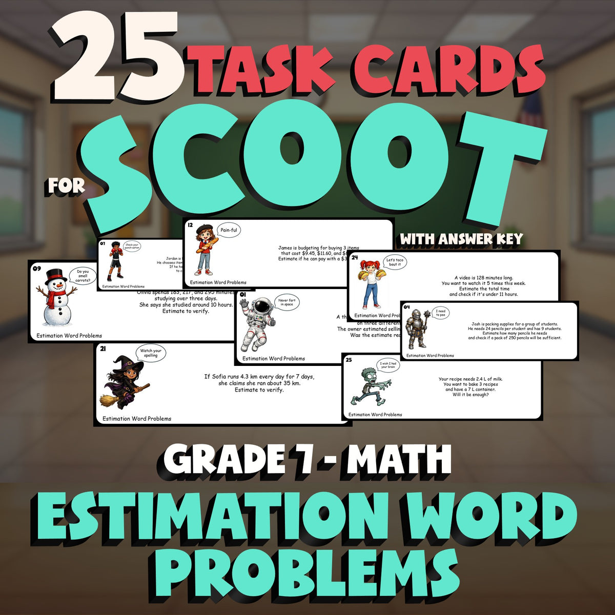Estimation Word Problems SCOOT TASK CARDS Math Game - No Prep Grade 7 Review