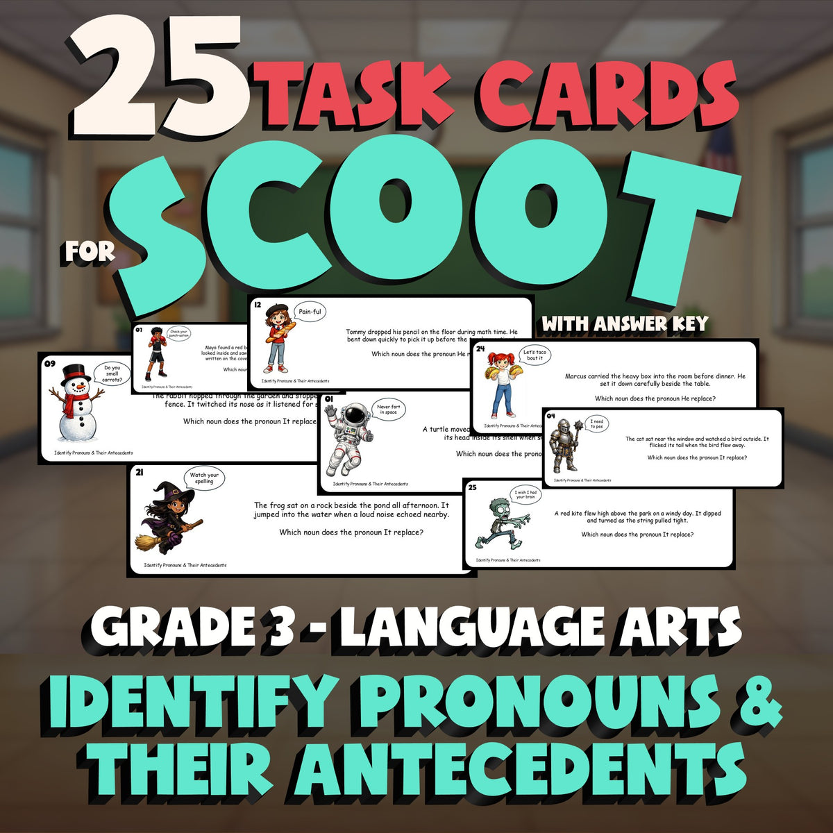 Identify Pronouns & Their Antecedents SCOOT TASK CARDS ELA Game - Grade 3