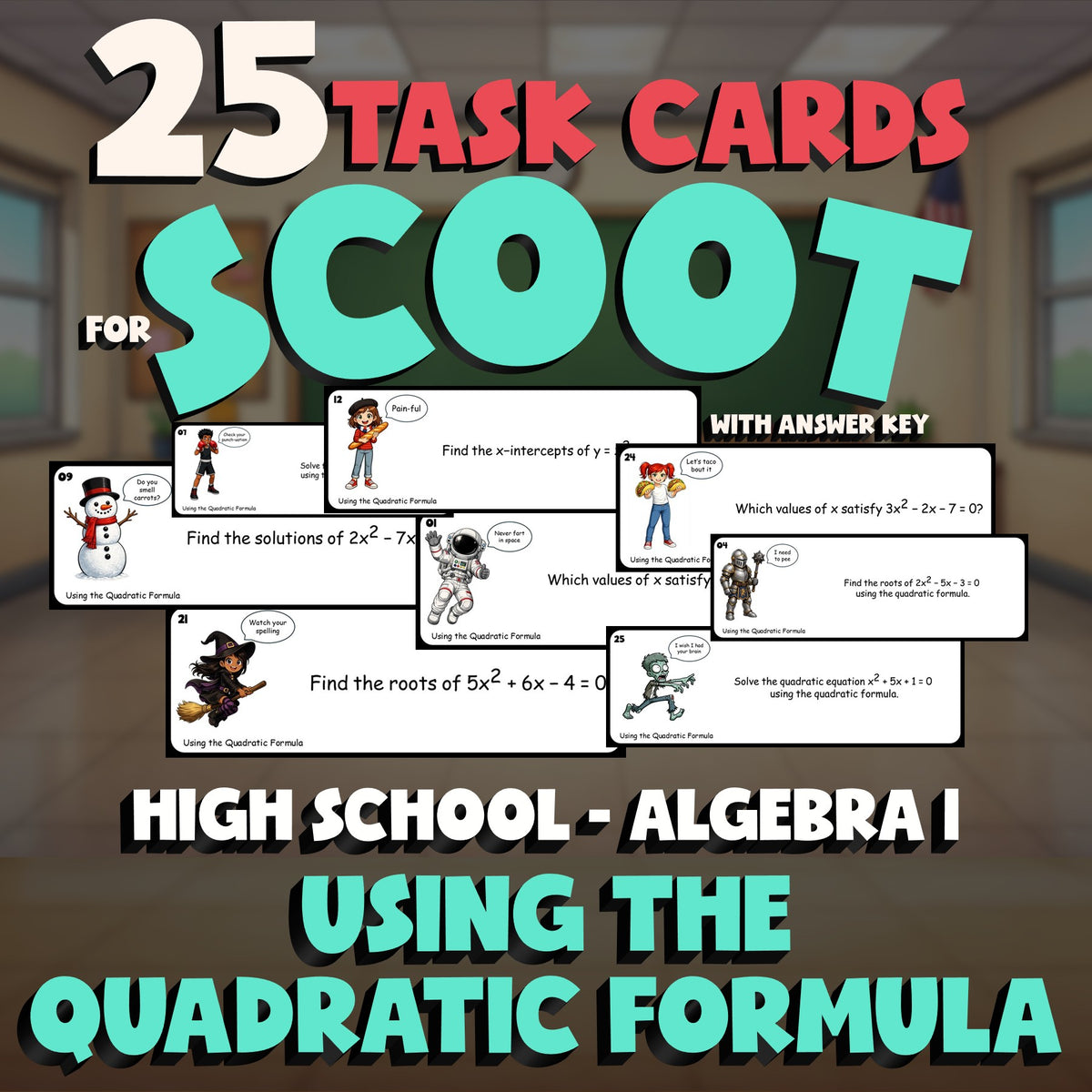 Using the Quadratic Formula SCOOT TASK CARDS Math Game - No Prep Algebra 1