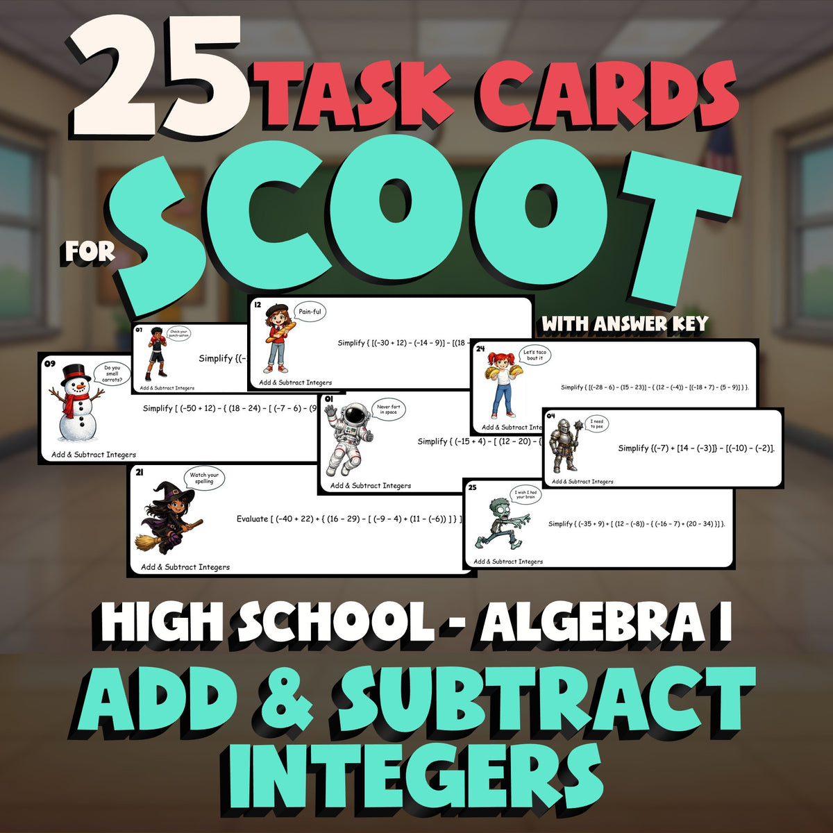 Add & Subtract Integers SCOOT TASK CARDS Math Game - No Prep Algebra 1 Review