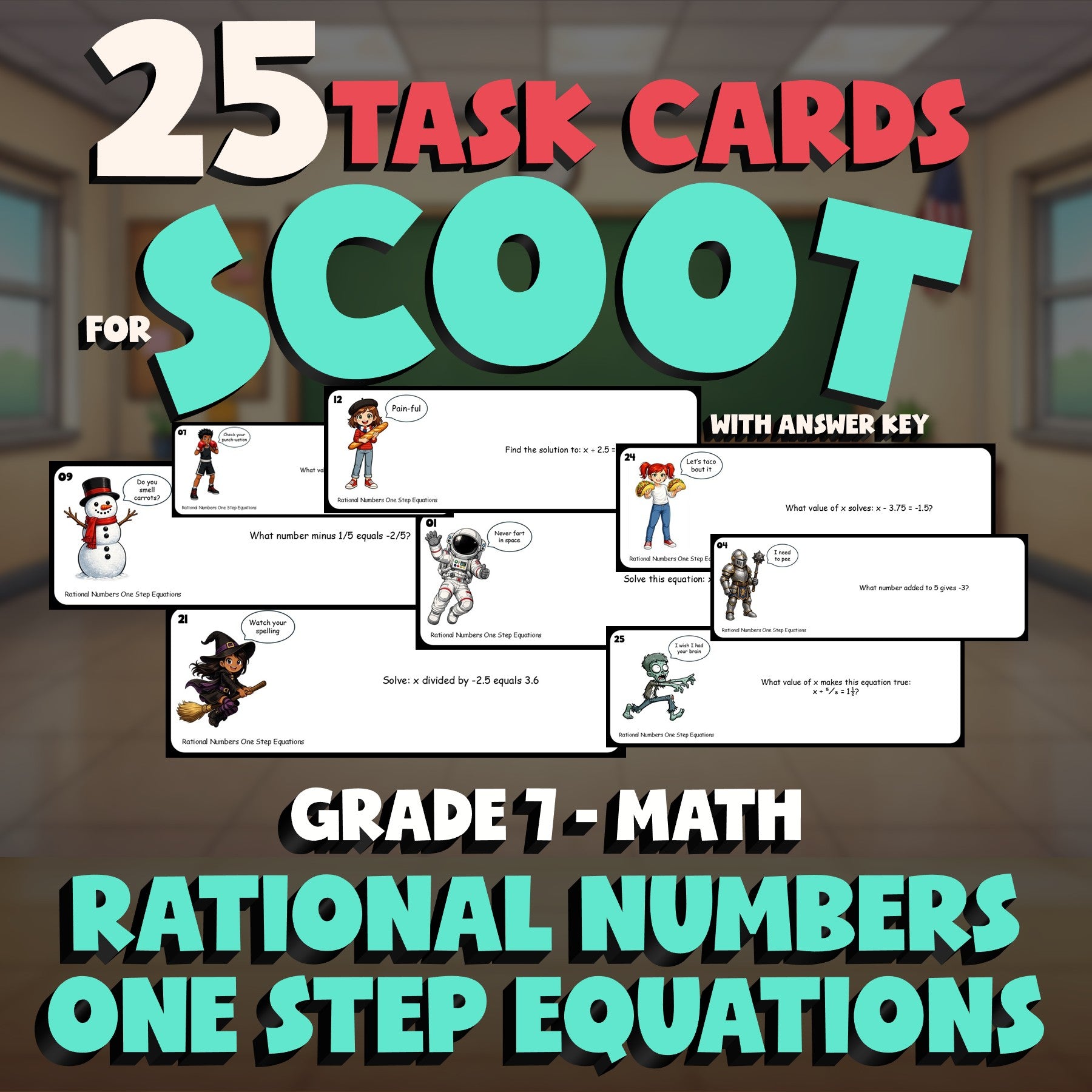 Rational Numbers One Step Equations SCOOT TASK CARDS Math Game - No Prep Grade 7