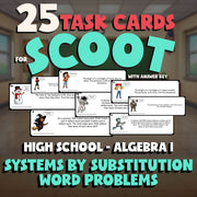 Systems by Substitution Word Problems SCOOT TASK CARDS Math Game - Algebra 1
