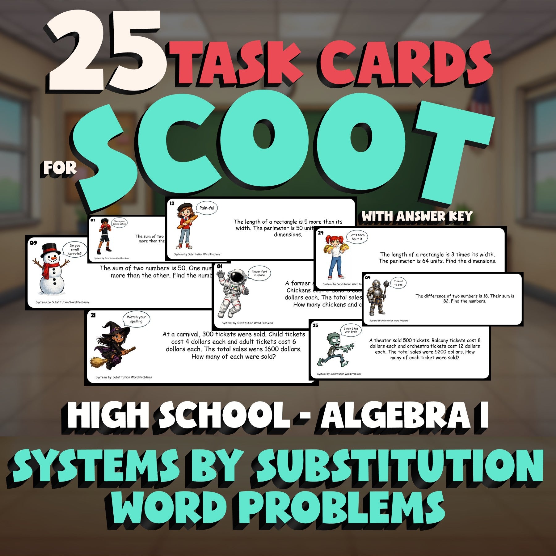 Systems by Substitution Word Problems SCOOT TASK CARDS Math Game - Algebra 1