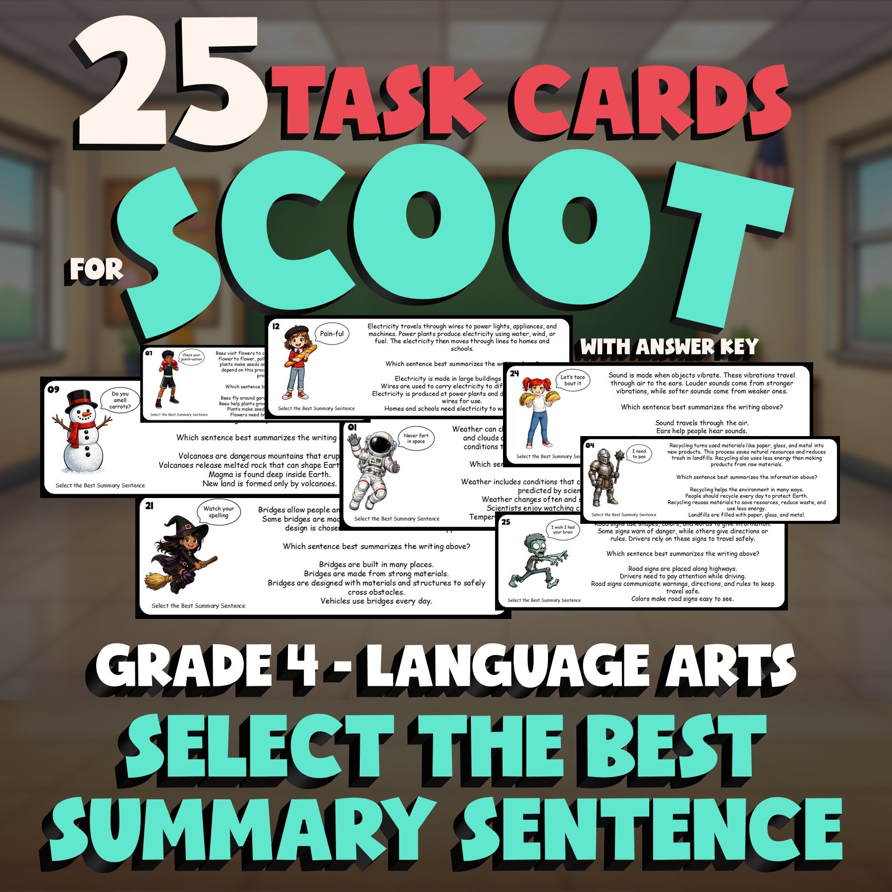 Select the Best Summary Sentence SCOOT TASK CARDS ELA Game - No Prep Grade 4