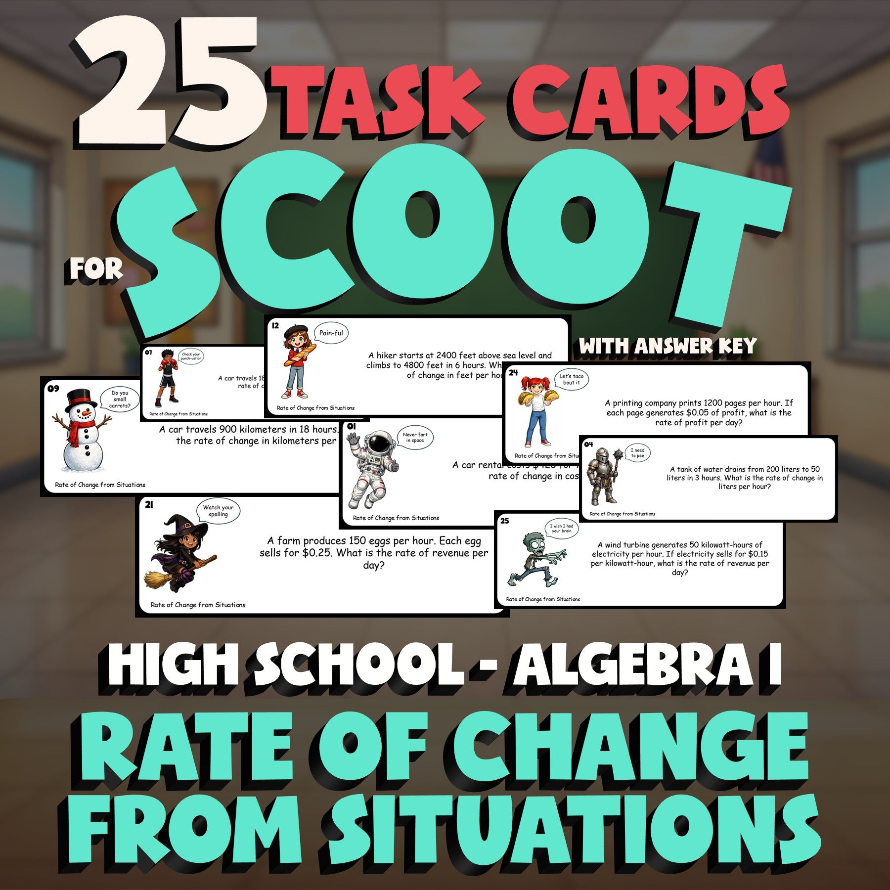 Rate of Change from Situations SCOOT TASK CARDS Math Game - No Prep Algebra 1
